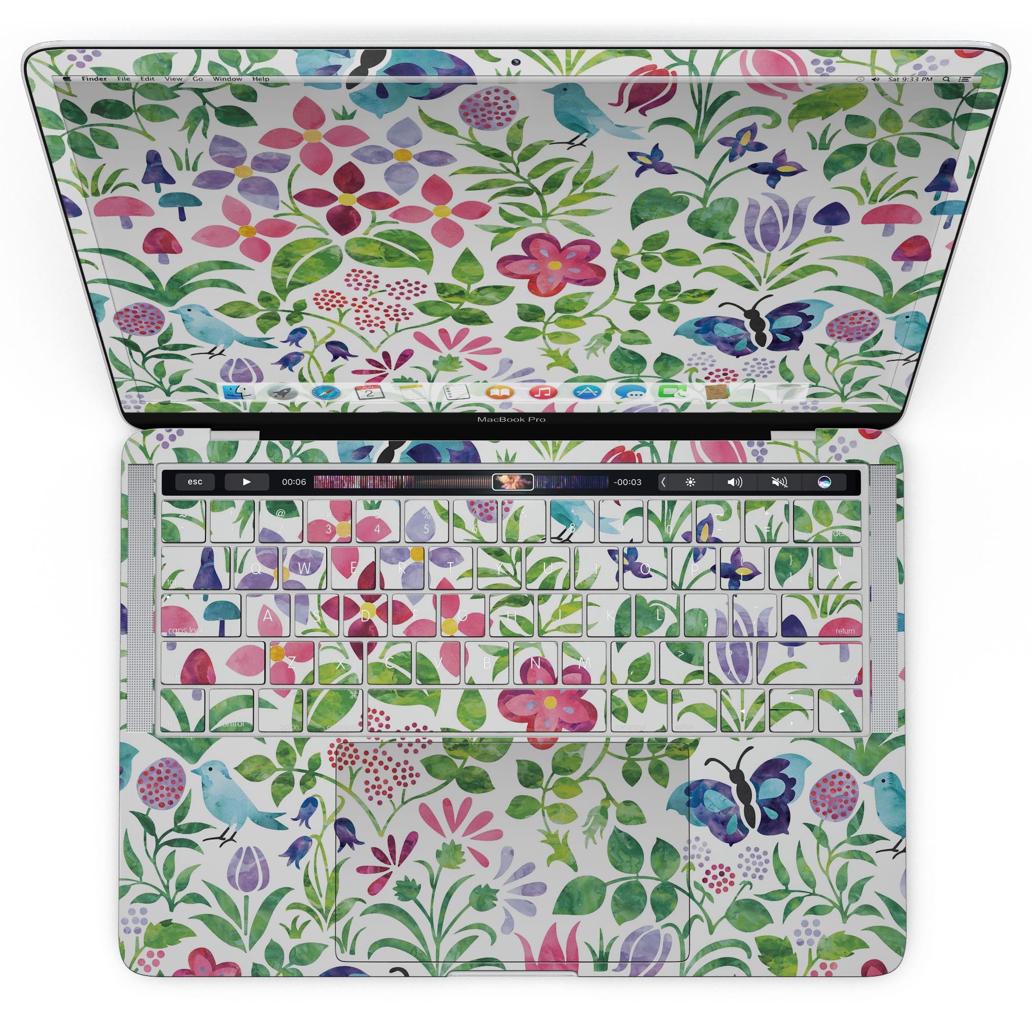 A MacBook Pro with Touch Bar featuring a vibrant Butterflies and Flowers Watercolor Pattern skin, showcasing colorful butterflies and floral designs.