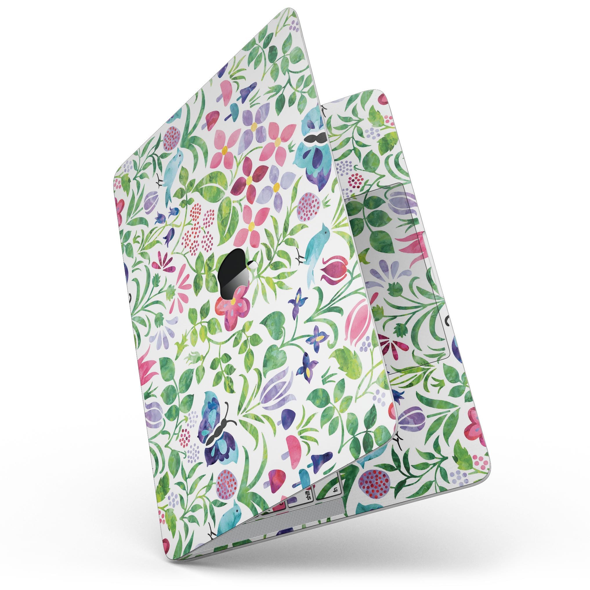 A MacBook Pro with Touch Bar featuring a vibrant Butterflies and Flowers Watercolor Pattern skin, showcasing colorful butterflies and floral designs.