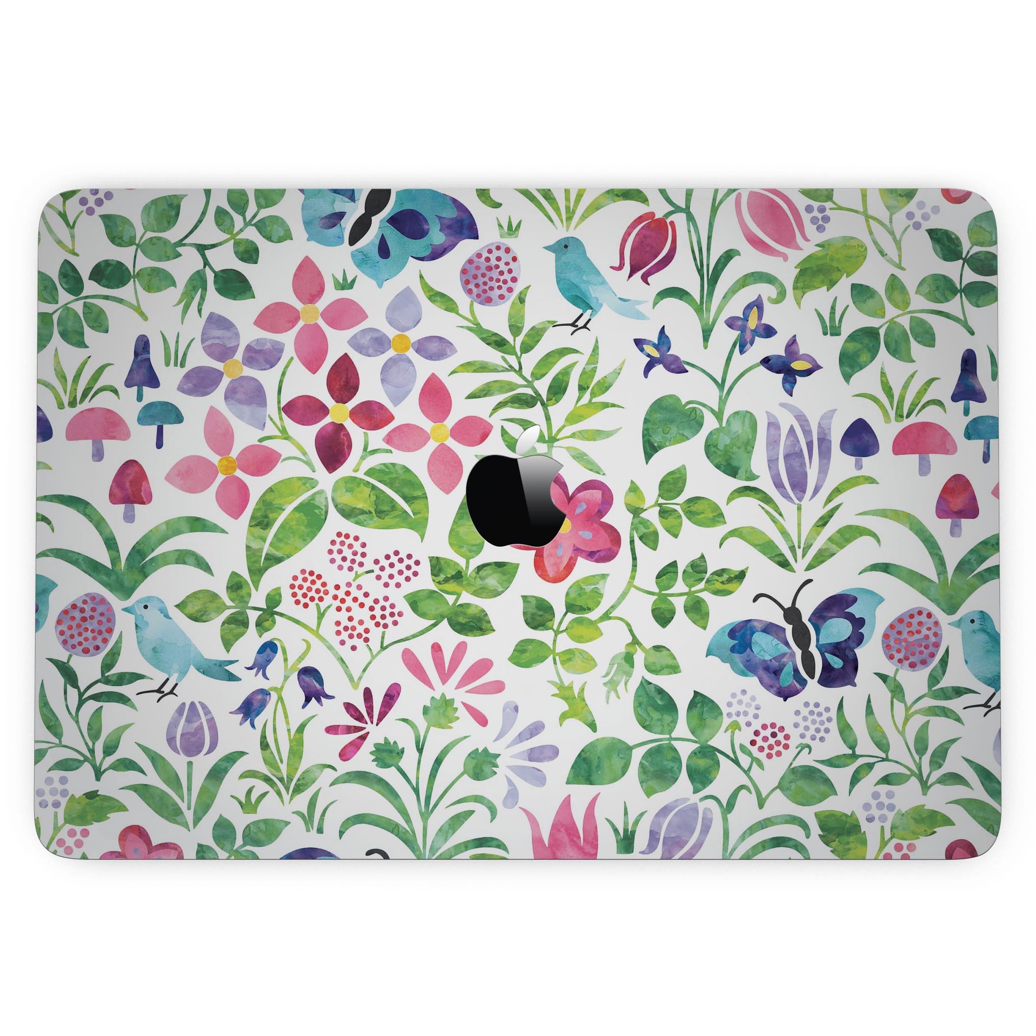 A MacBook Pro with Touch Bar featuring a vibrant Butterflies and Flowers Watercolor Pattern skin, showcasing colorful butterflies and floral designs.