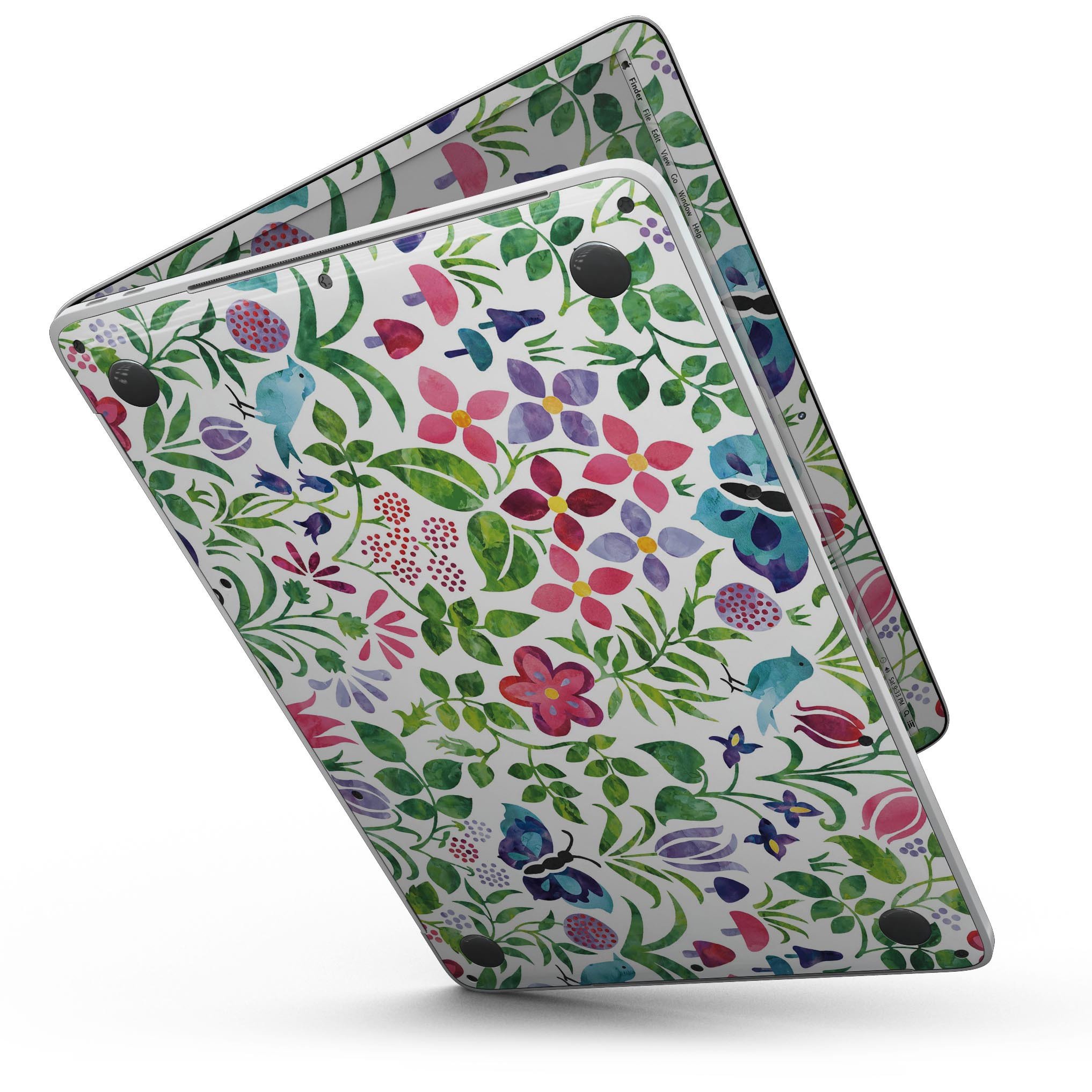 A MacBook Pro with Touch Bar featuring a vibrant Butterflies and Flowers Watercolor Pattern skin, showcasing colorful butterflies and floral designs.