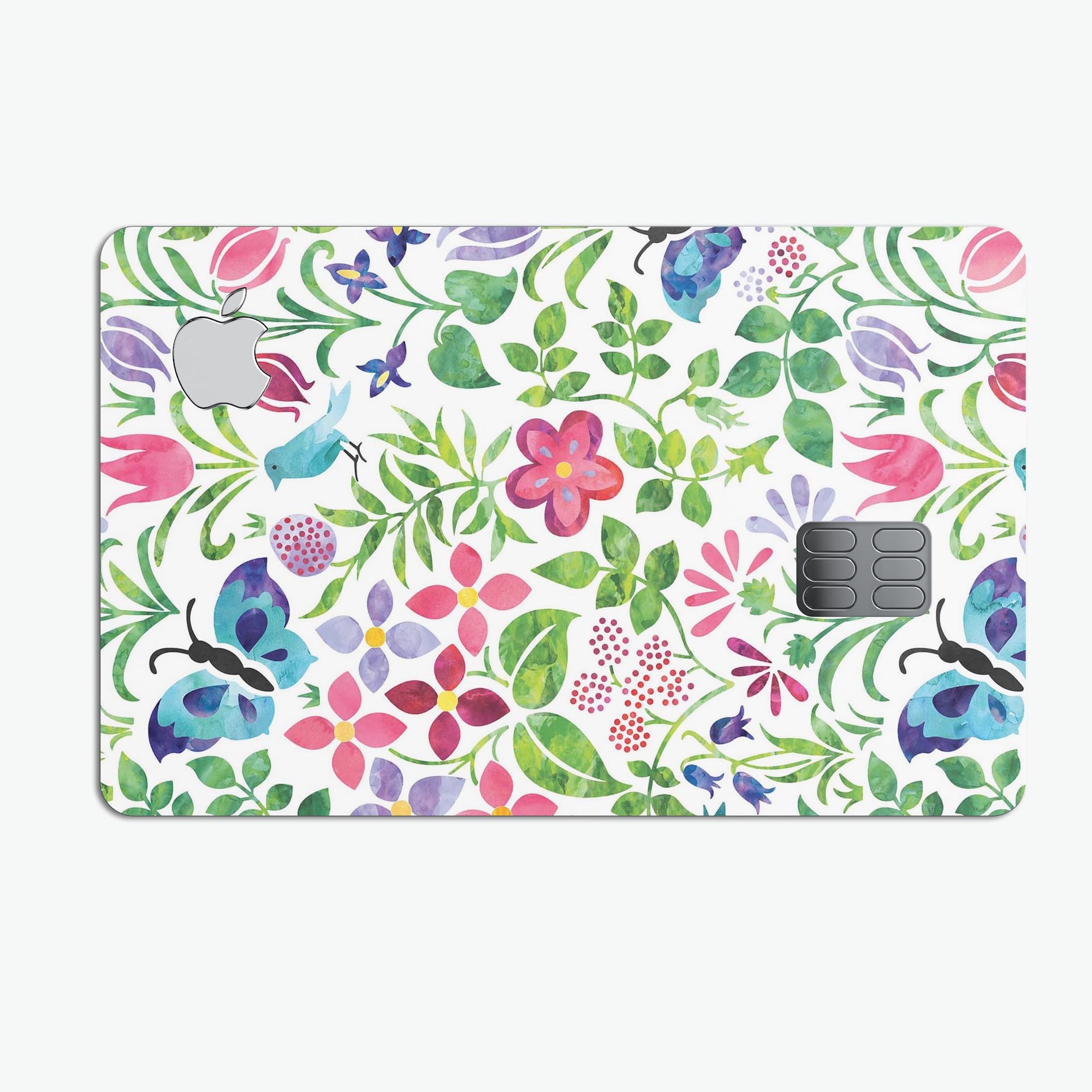 Butterflies and Flowers Watercolor Pattern decal on an Apple Card, showcasing vibrant colors and a protective design.