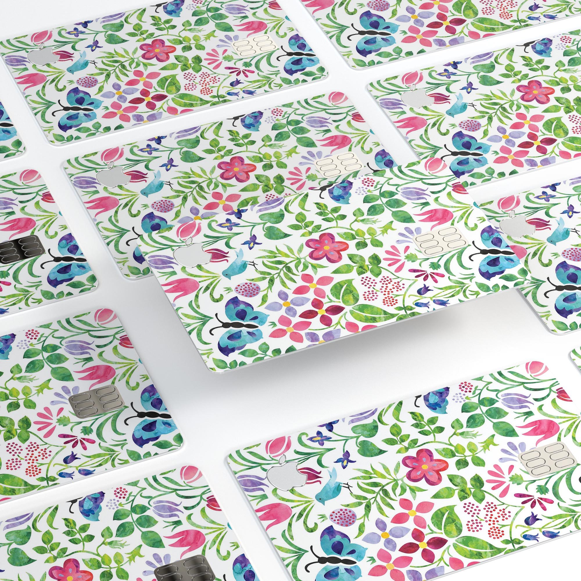 Butterflies and Flowers Watercolor Pattern decal on an Apple Card, showcasing vibrant colors and a protective design.