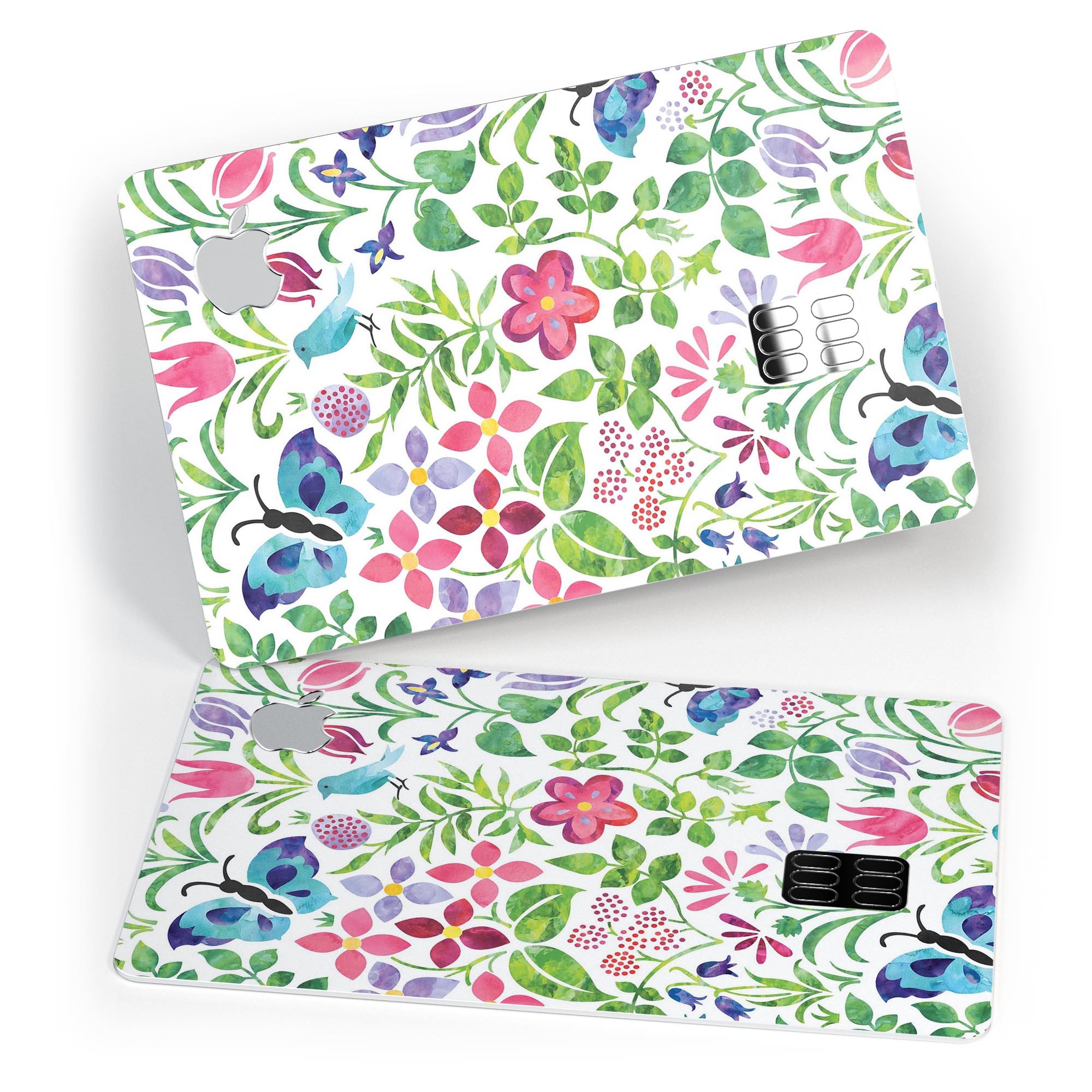 Butterflies and Flowers Watercolor Pattern decal on an Apple Card, showcasing vibrant colors and a protective design.