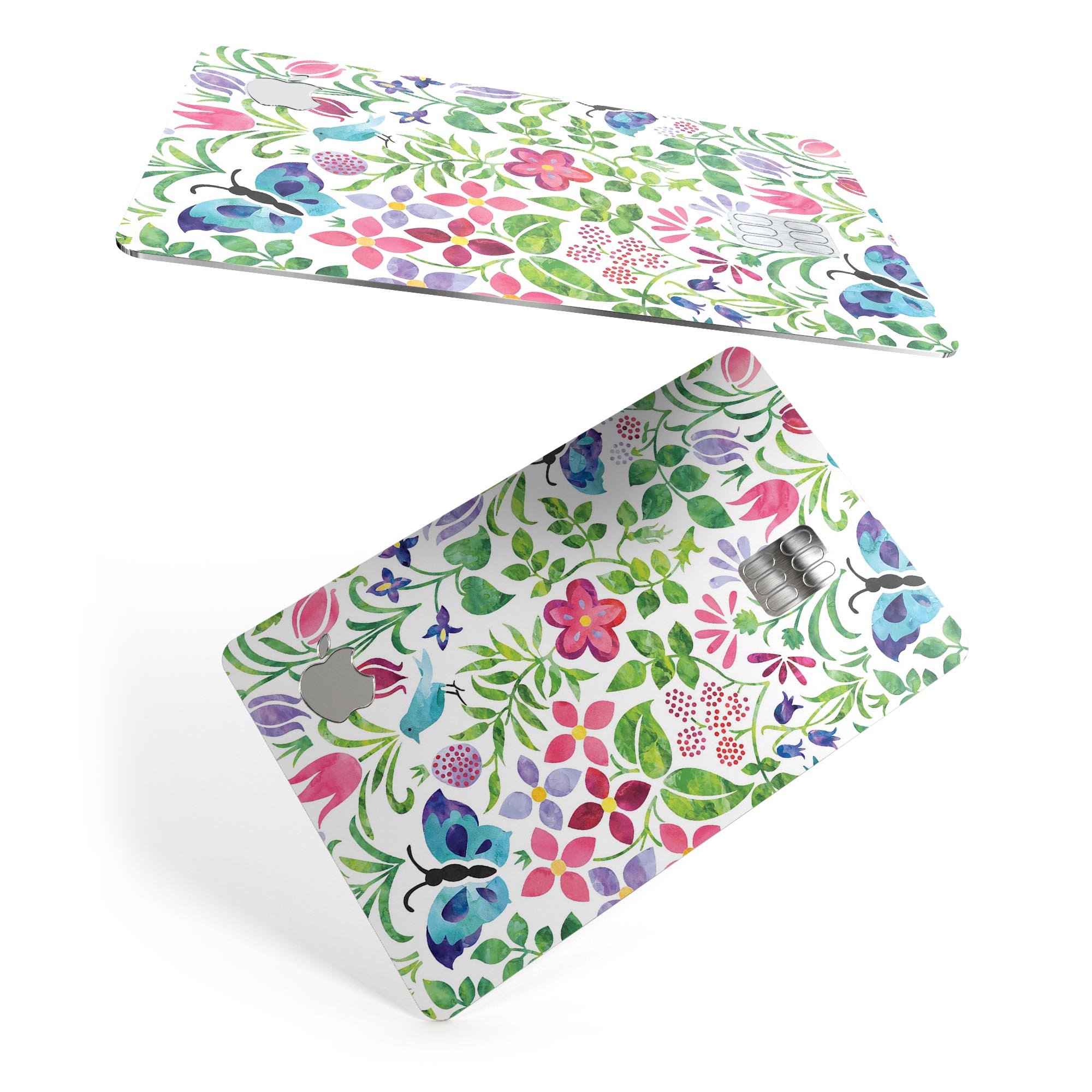 Butterflies and Flowers Watercolor Pattern decal on an Apple Card, showcasing vibrant colors and a protective design.