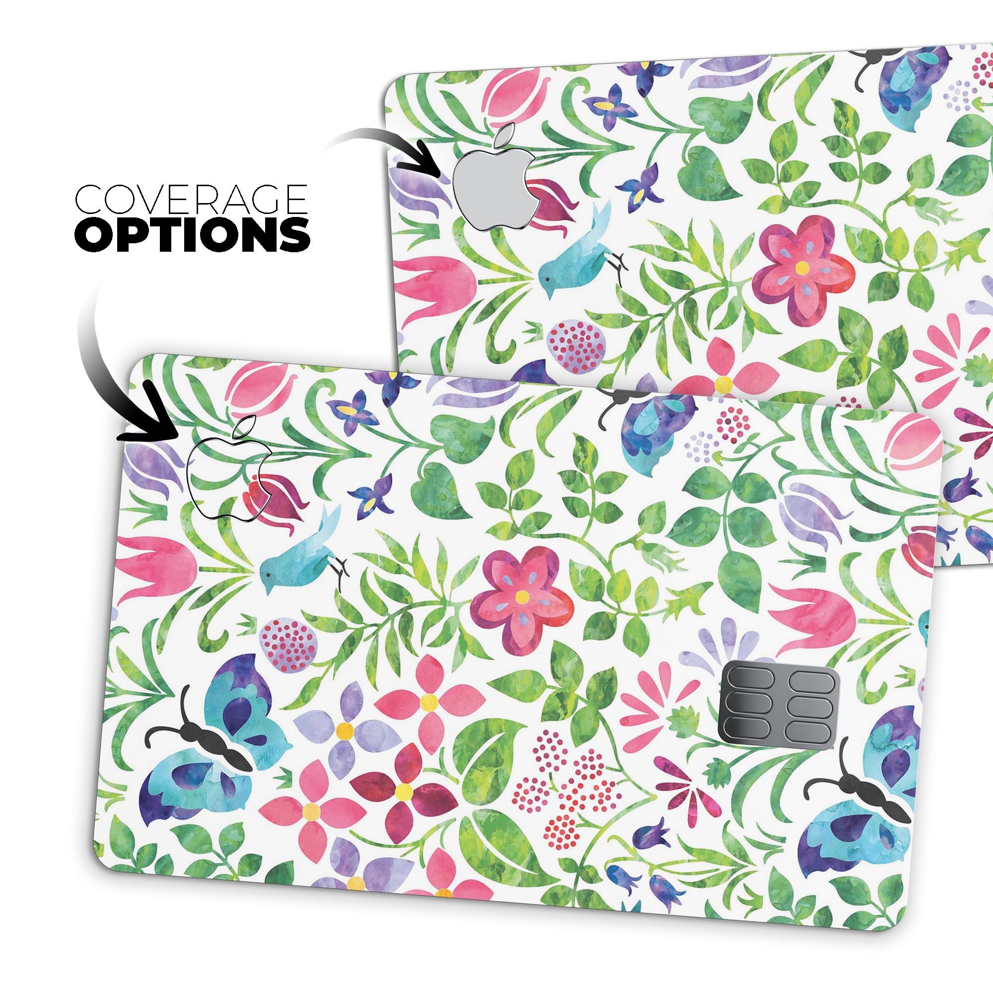 Butterflies and Flowers Watercolor Pattern decal on an Apple Card, showcasing vibrant colors and a protective design.