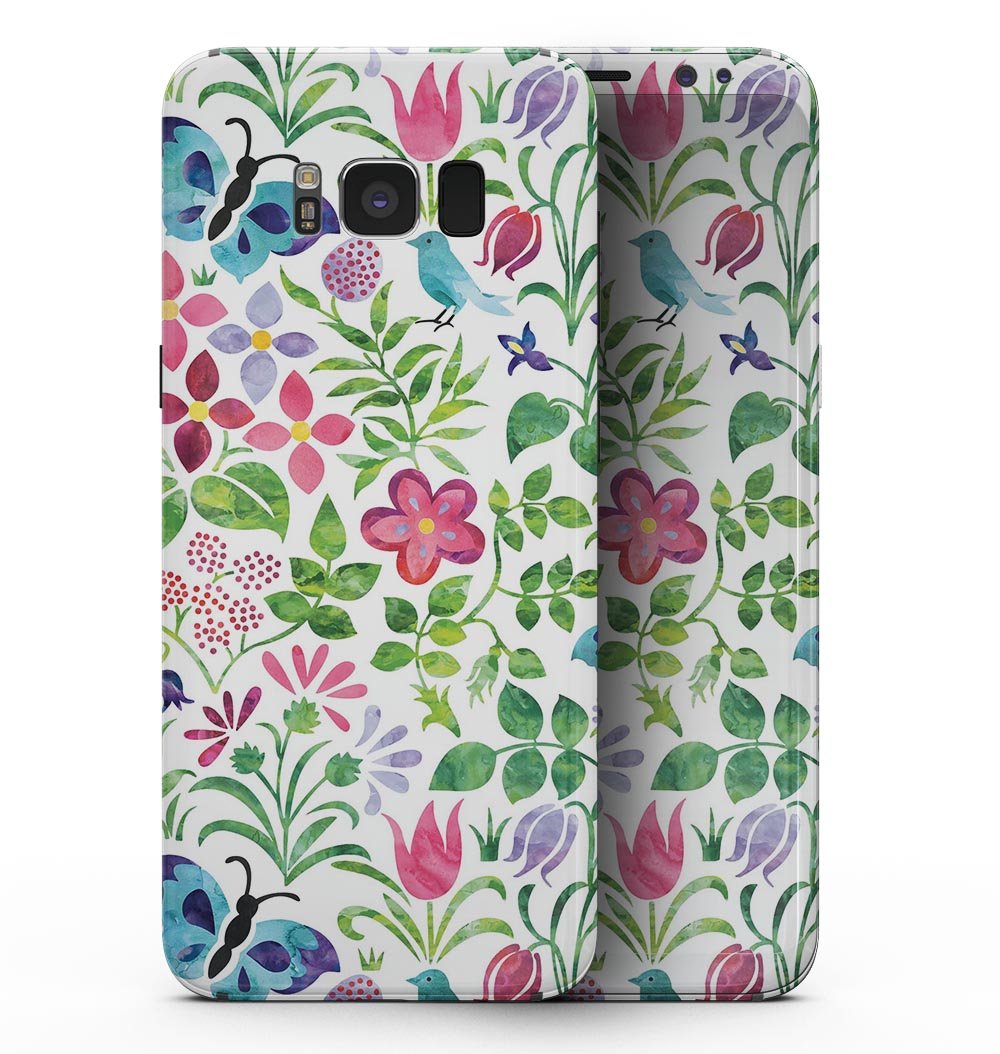 Samsung Galaxy S8 with Butterflies and Flowers Watercolor Pattern skin, showcasing vibrant colors and intricate design.