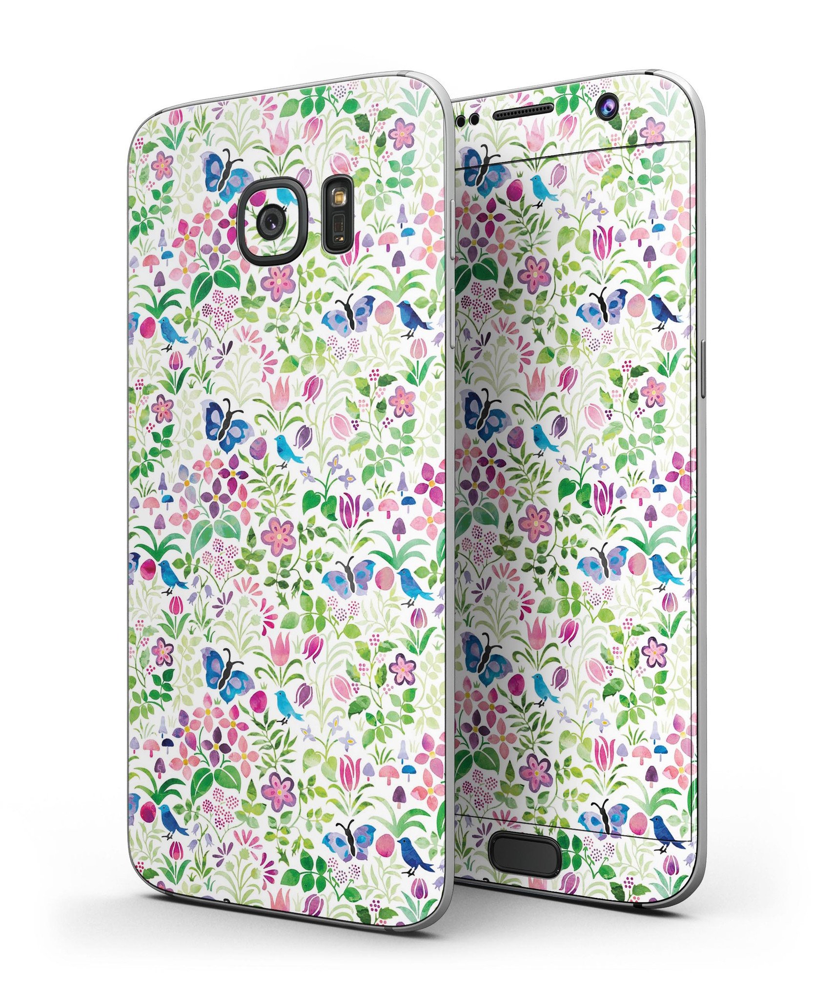 Butterflies and Flowers Watercolor Skin-Kit for Samsung Galaxy S7 and S7 Edge, showcasing vibrant colors and intricate design.