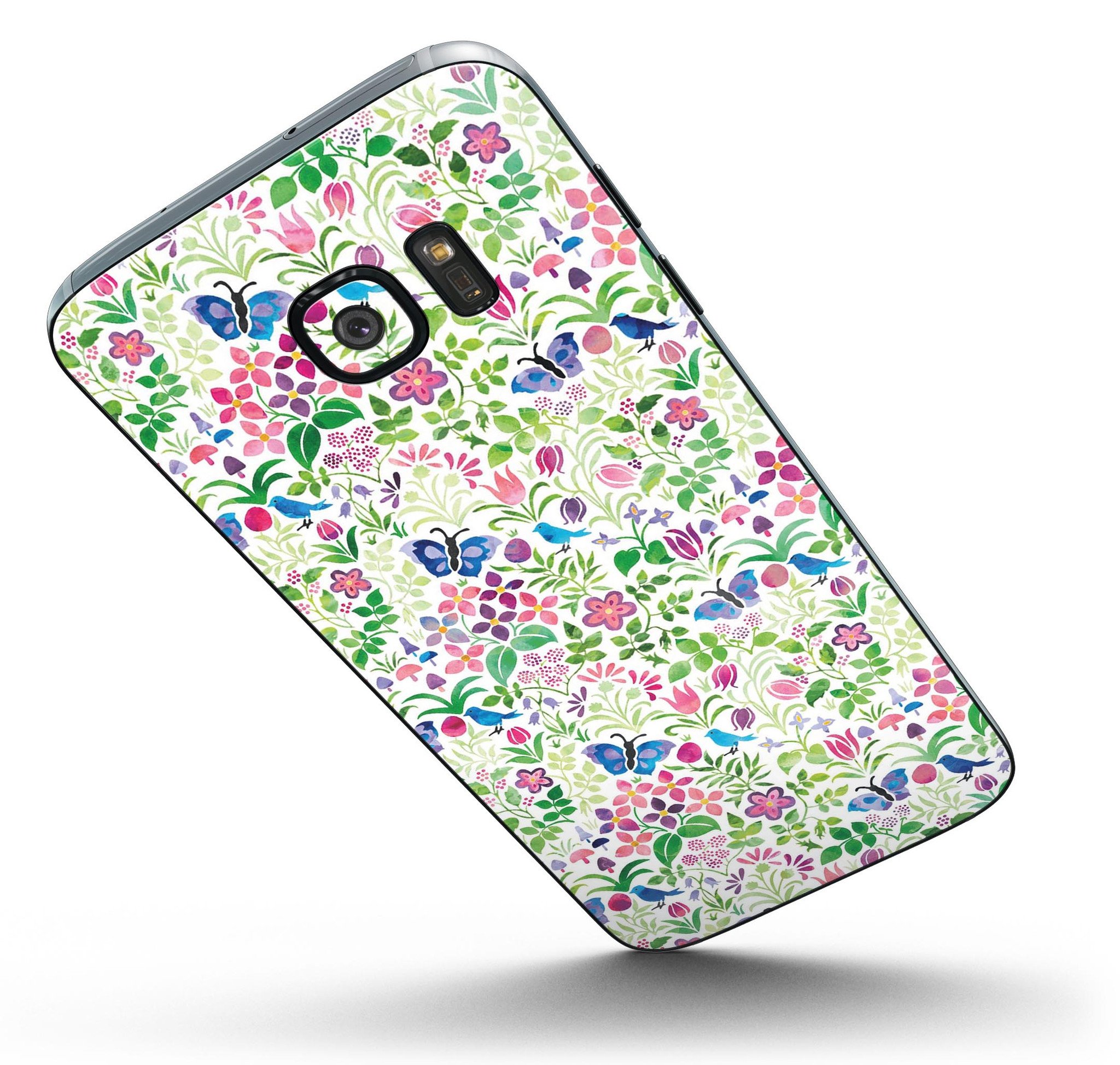 Butterflies and Flowers Watercolor Skin-Kit for Samsung Galaxy S7 and S7 Edge, showcasing vibrant colors and intricate design.