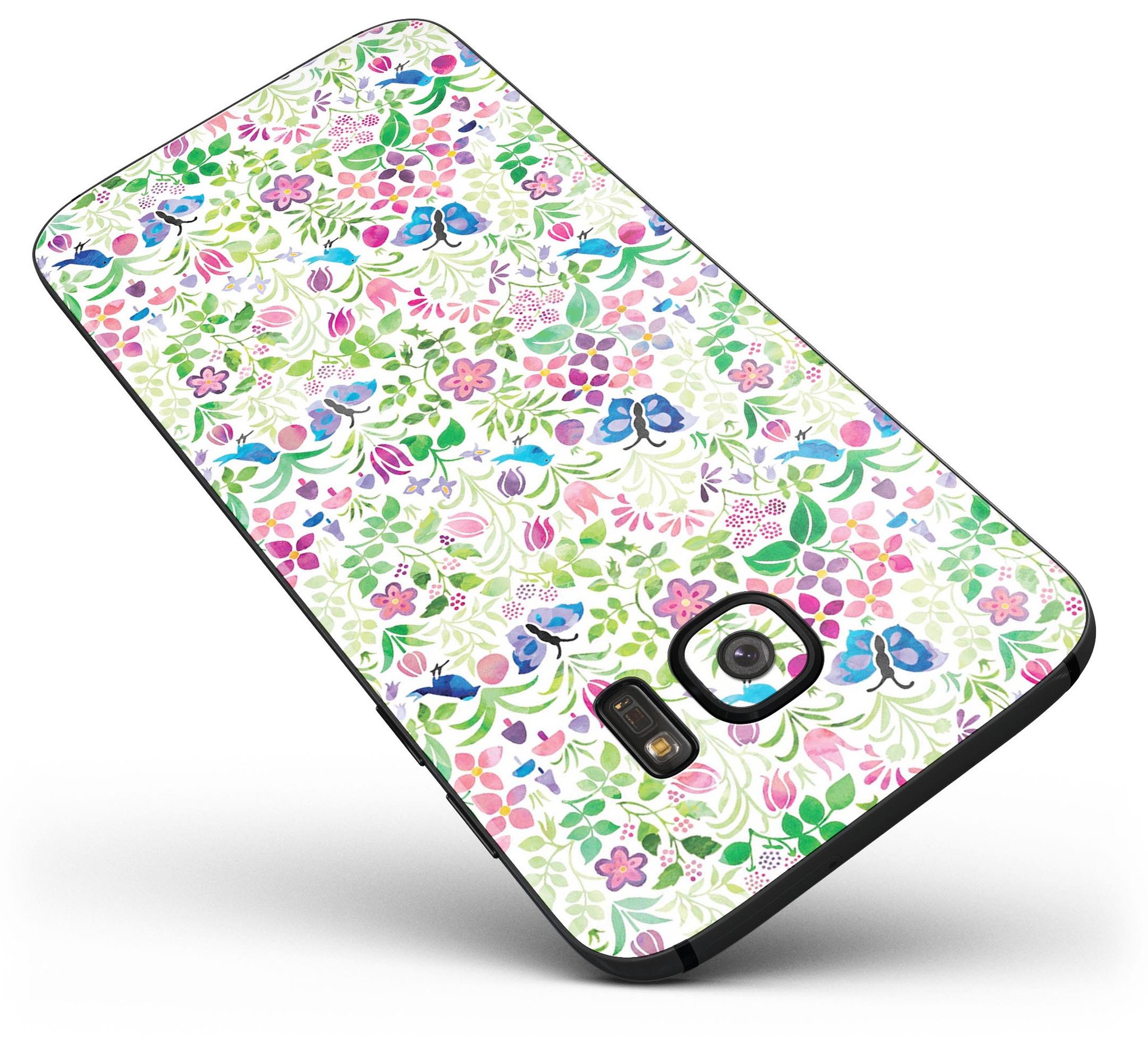 Butterflies and Flowers Watercolor Skin-Kit for Samsung Galaxy S7 and S7 Edge, showcasing vibrant colors and intricate design.