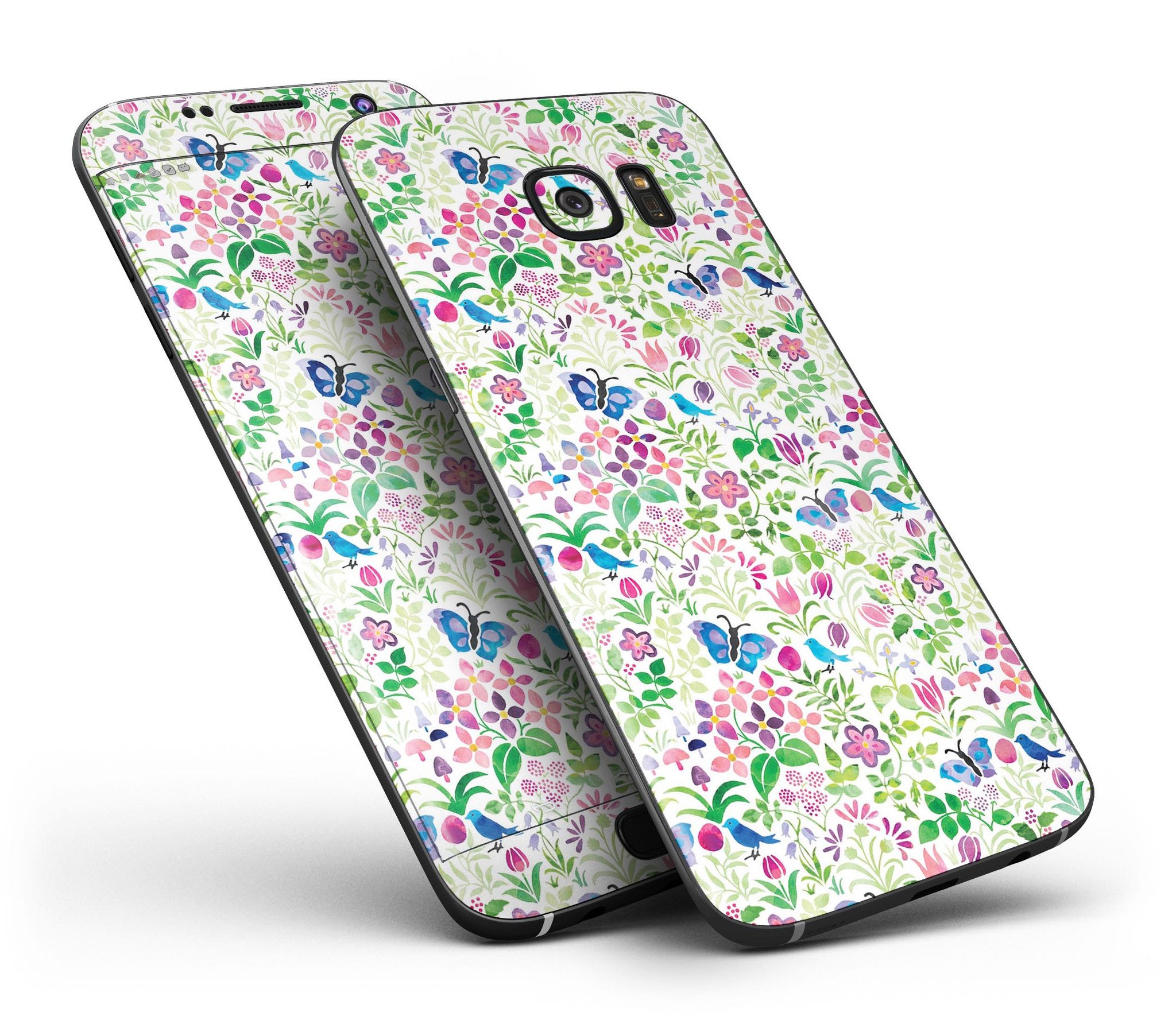 Butterflies and Flowers Watercolor Skin-Kit for Samsung Galaxy S7 and S7 Edge, showcasing vibrant colors and intricate design.