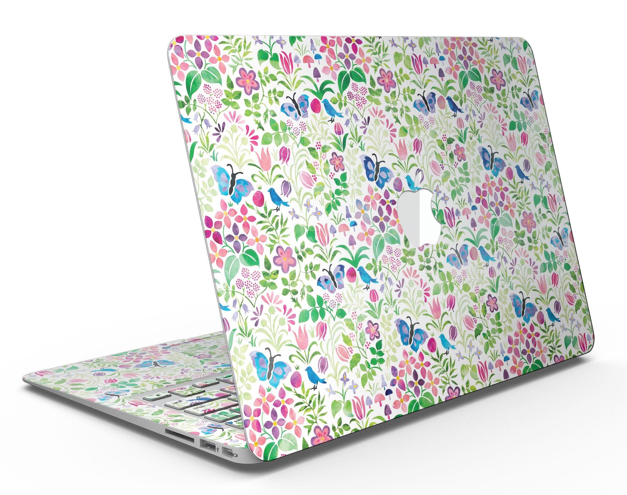 Butterflies and Flowers Watercolor Pattern V2 MacBook Air Skin Kit showcasing vibrant colors and intricate design.