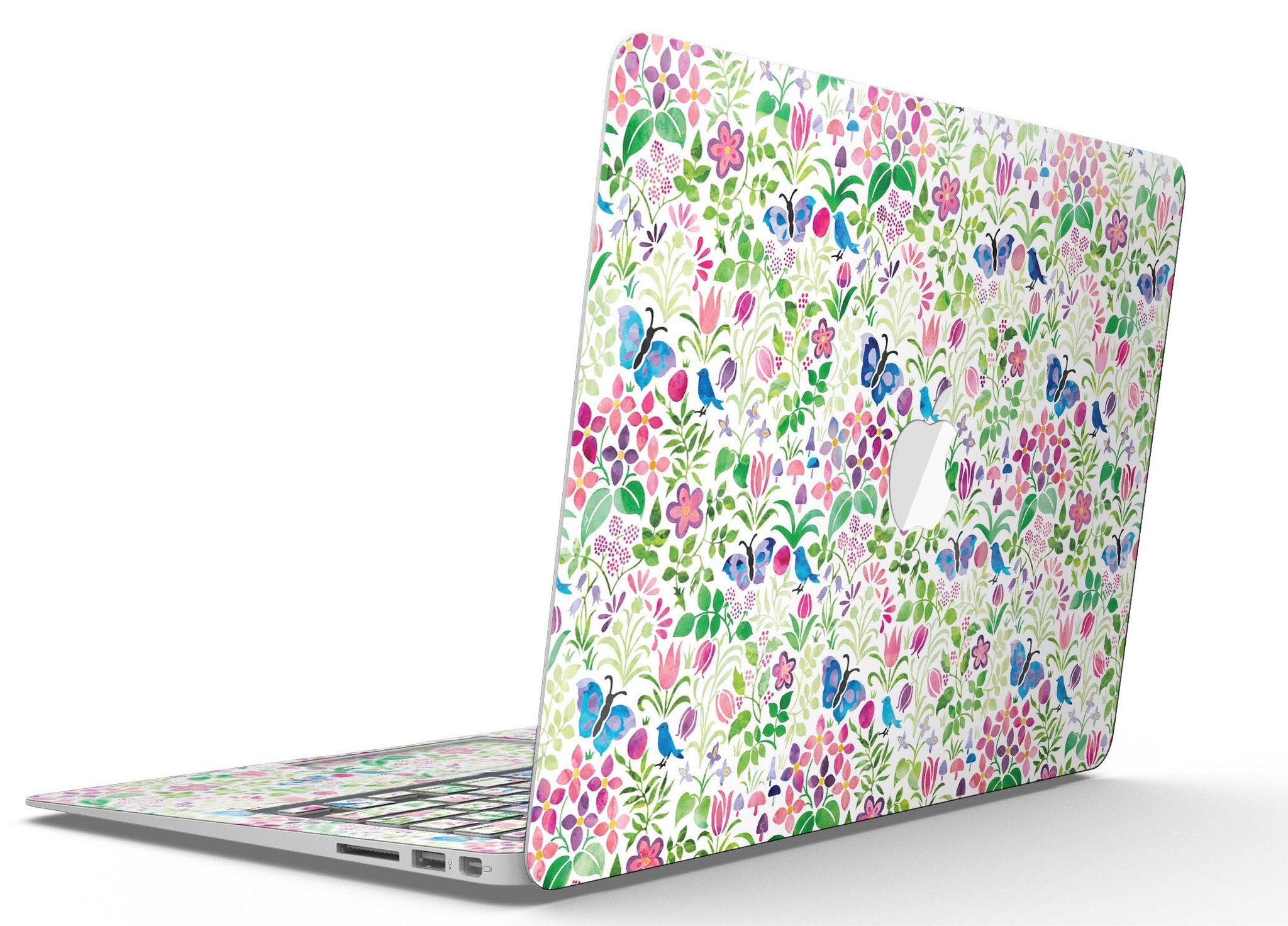 Butterflies and Flowers Watercolor Pattern V2 MacBook Air Skin Kit showcasing vibrant colors and intricate design.