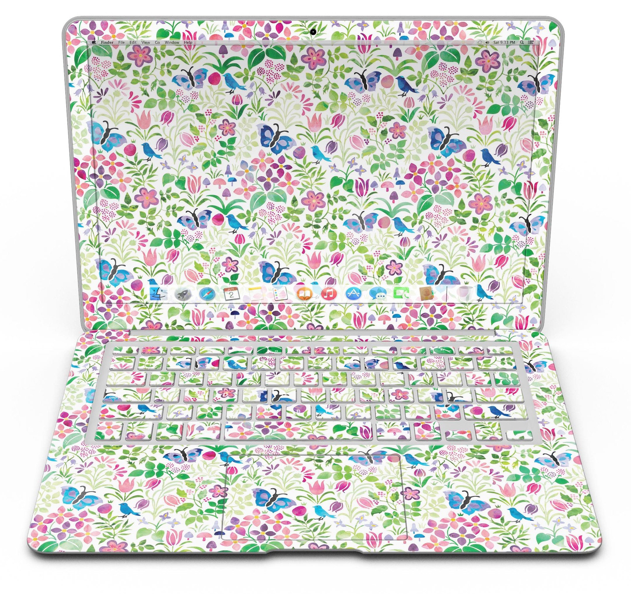 Butterflies and Flowers Watercolor Pattern V2 MacBook Air Skin Kit showcasing vibrant colors and intricate design.