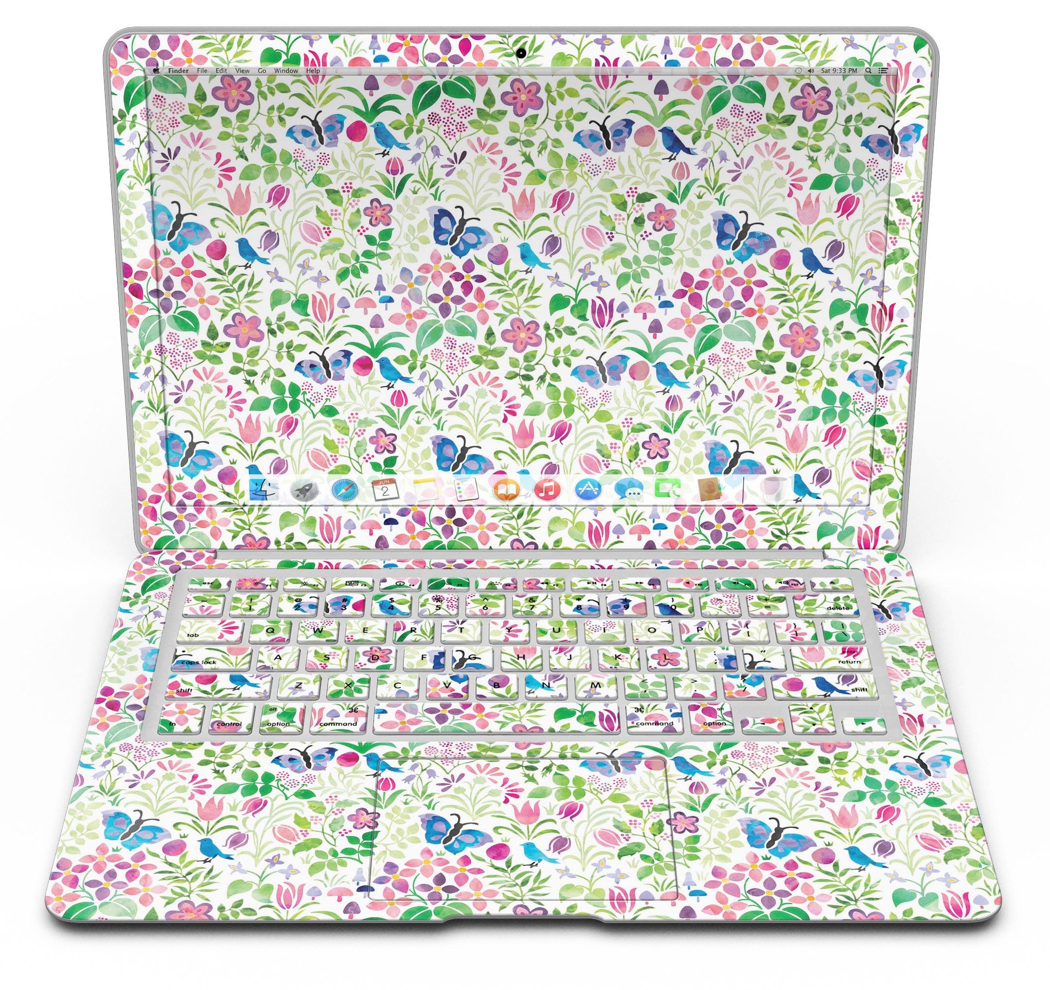 Butterflies and Flowers Watercolor Pattern V2 MacBook Air Skin Kit showcasing vibrant colors and intricate design.