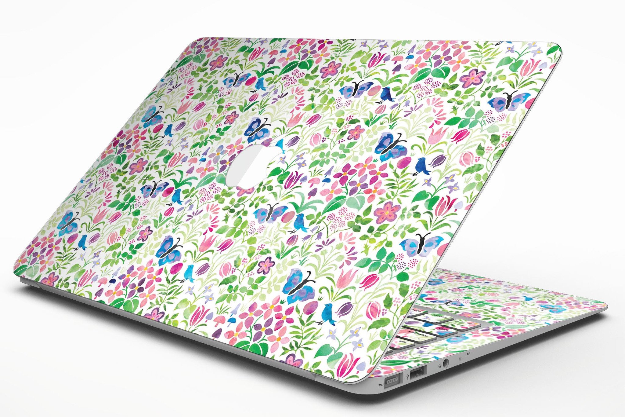 Butterflies and Flowers Watercolor Pattern V2 MacBook Air Skin Kit showcasing vibrant colors and intricate design.