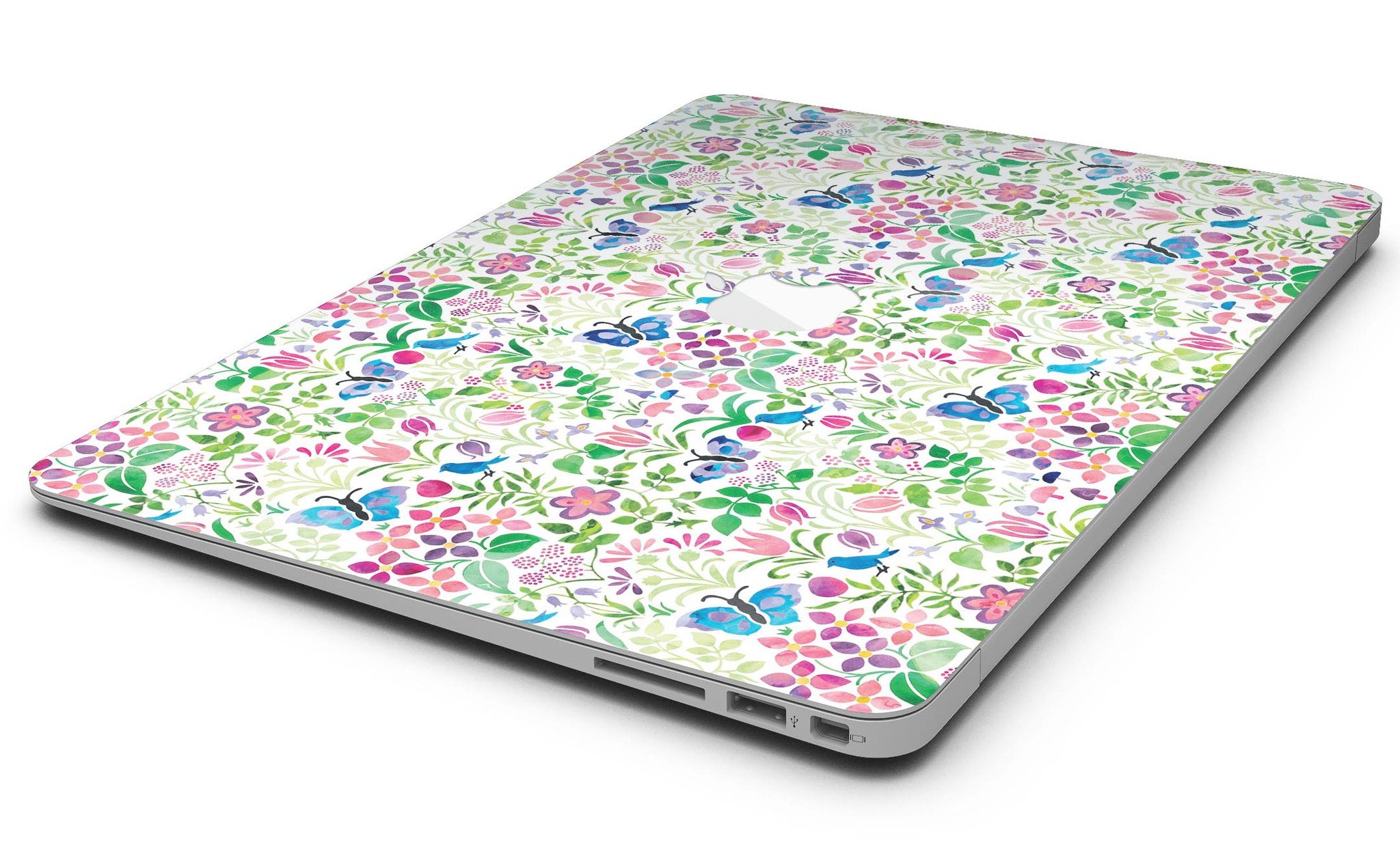 Butterflies and Flowers Watercolor Pattern V2 MacBook Air Skin Kit showcasing vibrant colors and intricate design.