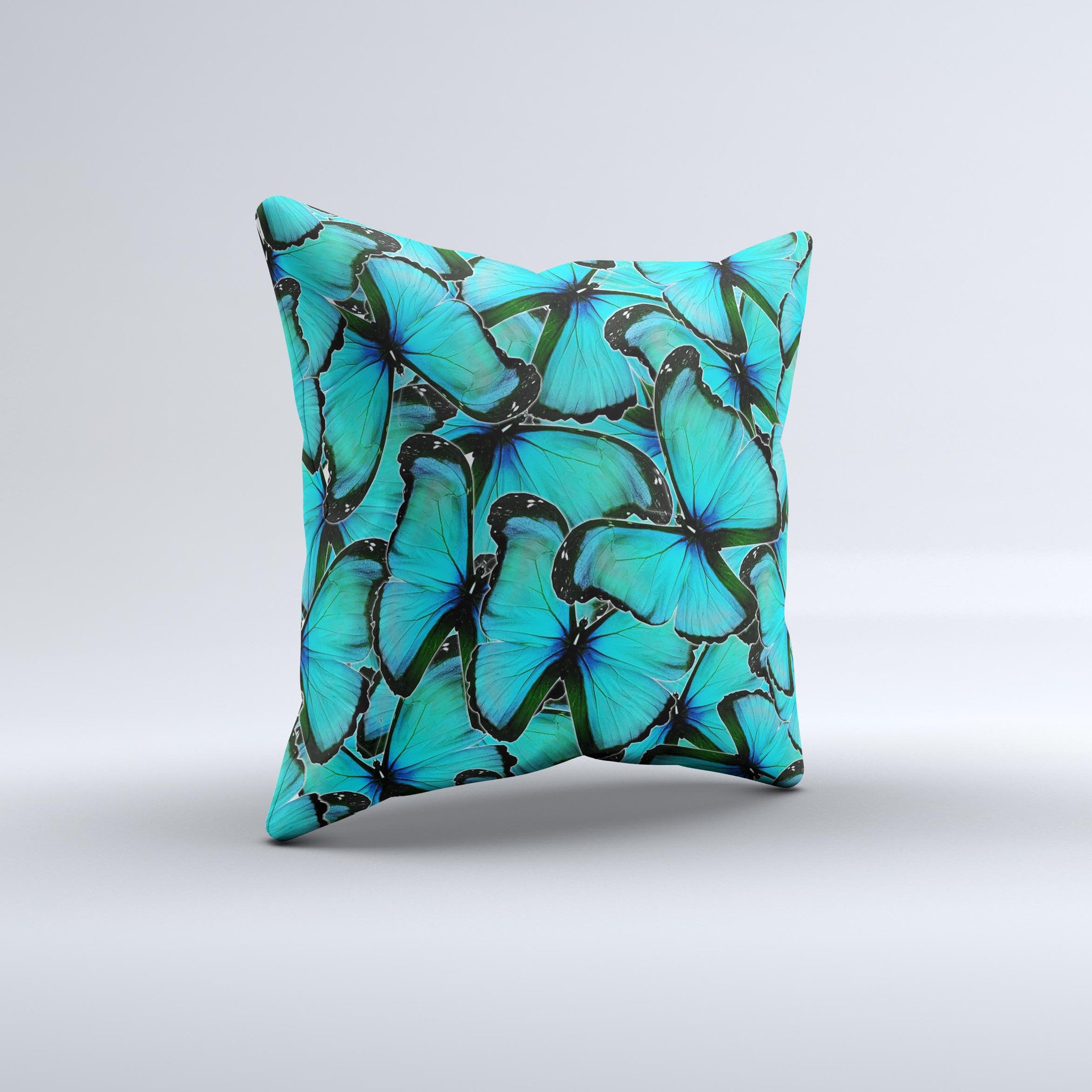 Butterfly Background Flat Ink-Fuzed Decorative Throw Pillow showcasing vibrant colors and intricate design, handcrafted in Virginia.