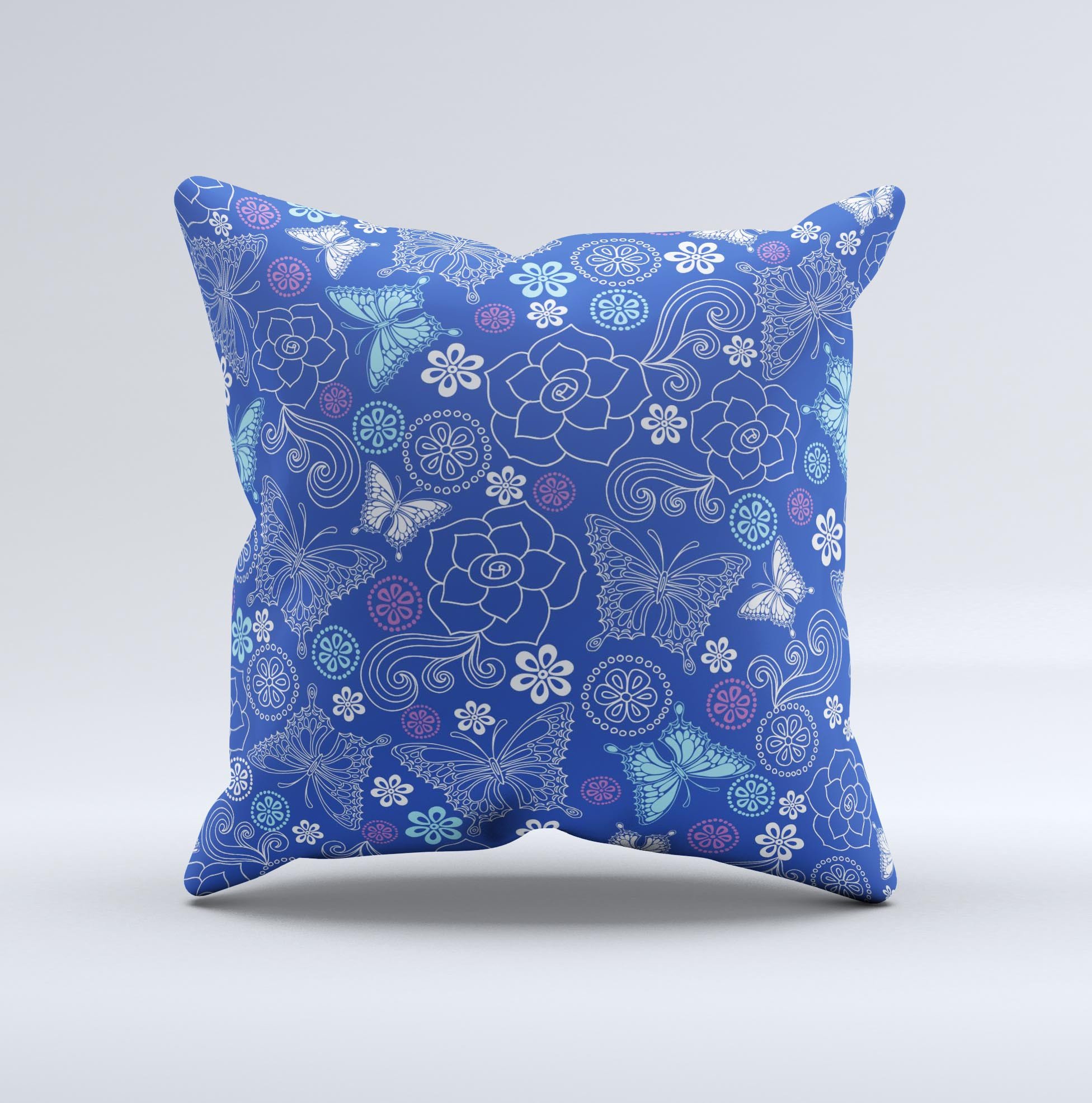 Butterfly Blue Laced Ink-Fuzed Decorative Throw Pillow showcasing intricate blue lace design on a soft fabric.