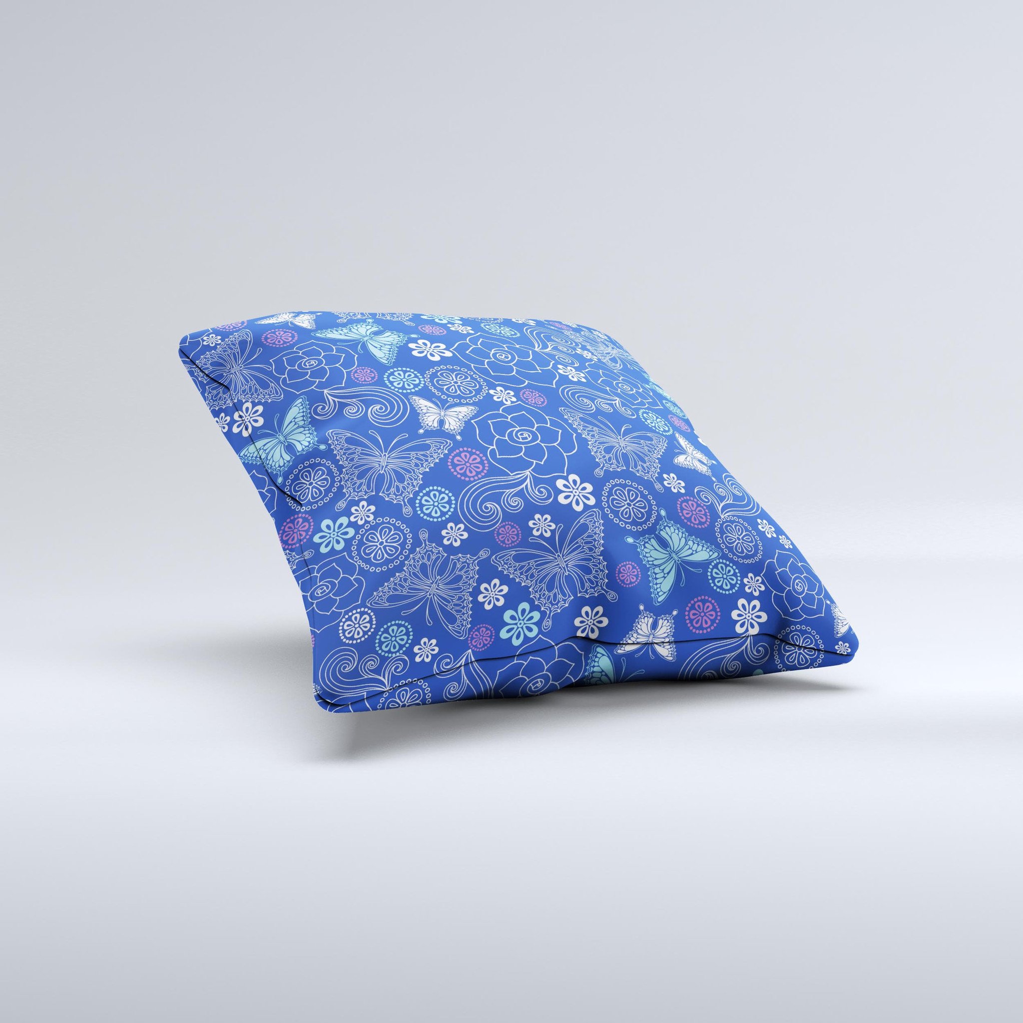 Butterfly Blue Laced Ink-Fuzed Decorative Throw Pillow showcasing intricate blue lace design on a soft fabric.