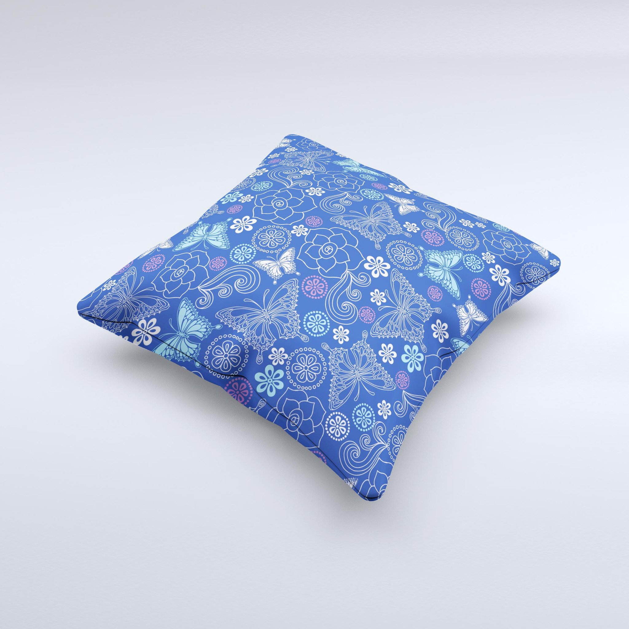 Butterfly Blue Laced Ink-Fuzed Decorative Throw Pillow showcasing intricate blue lace design on a soft fabric.