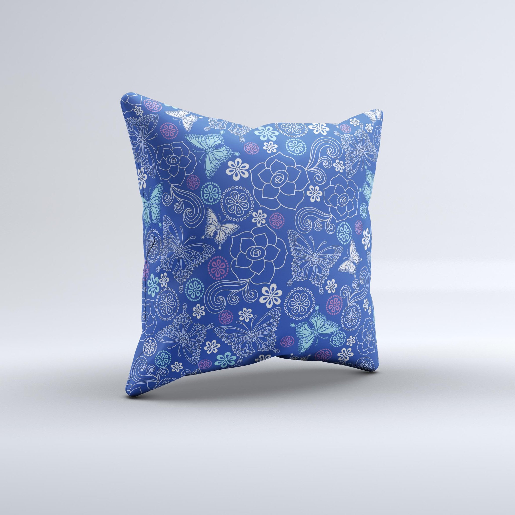 Butterfly Blue Laced Ink-Fuzed Decorative Throw Pillow showcasing intricate blue lace design on a soft fabric.