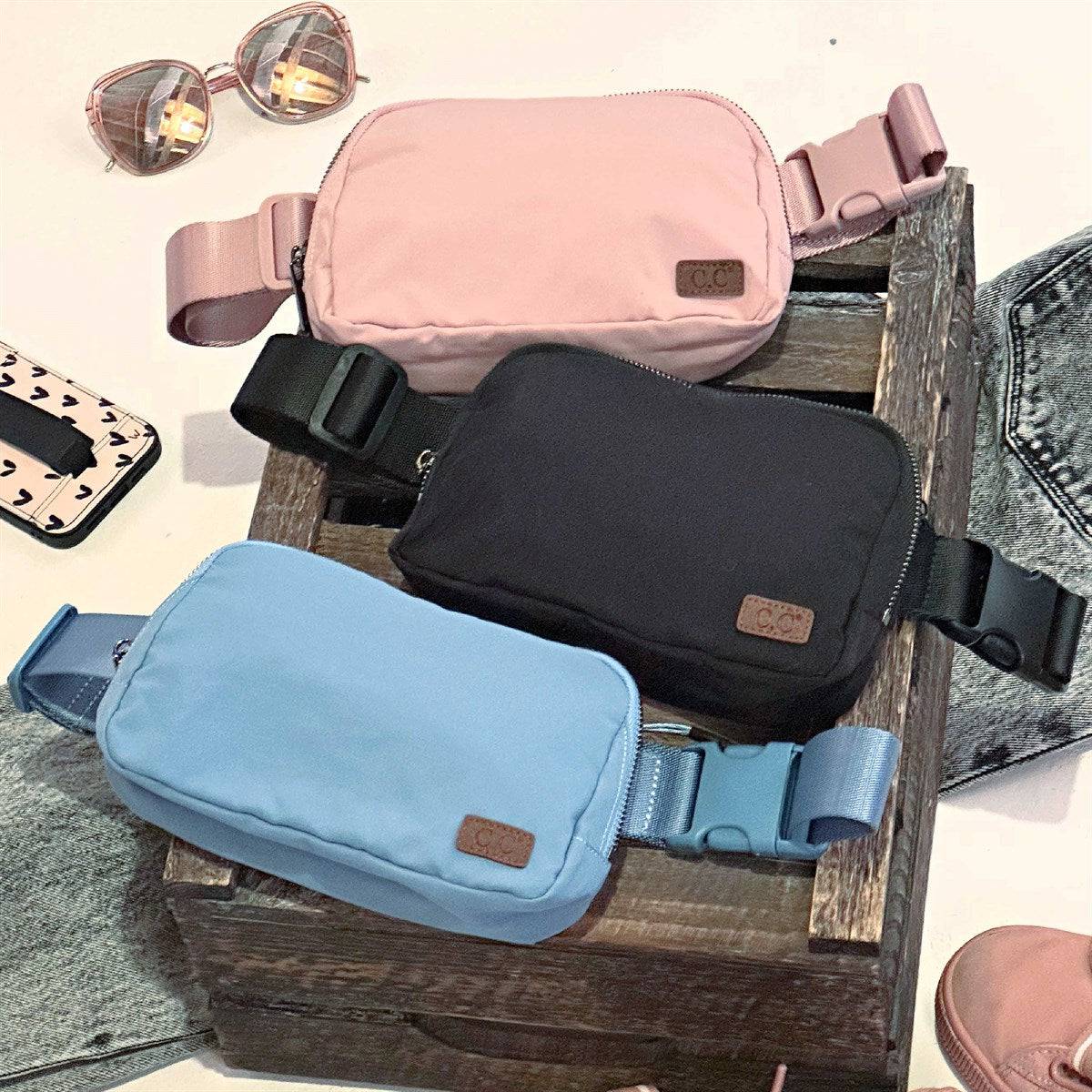 CC Basic Belt Bag Fanny Pack in various colors, showcasing adjustable strap and waterproof material.