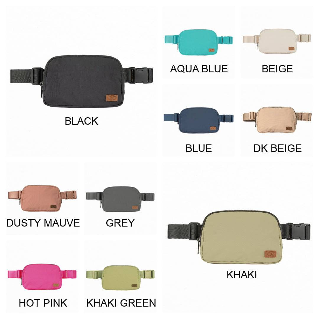 CC Basic Belt Bag Fanny Pack in various colors, showcasing adjustable strap and waterproof material.