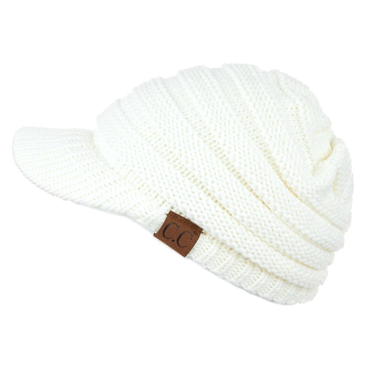 CC Beanie Brim Cap featuring a stylish brim and cable knit design, perfect for winter wear.