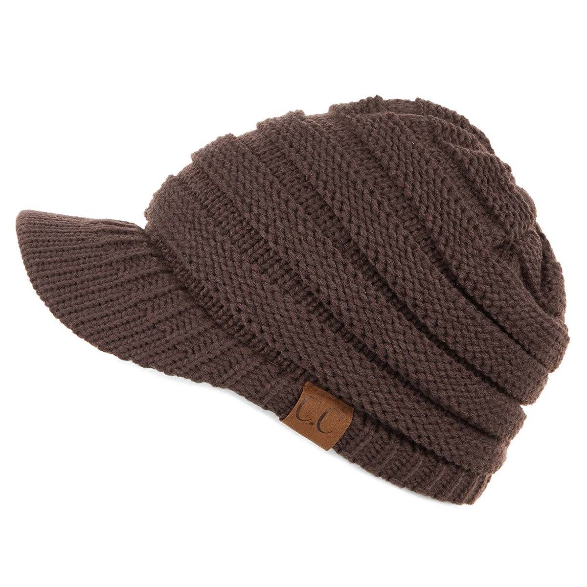 CC Beanie Brim Cap featuring a stylish brim and cable knit design, perfect for winter wear.