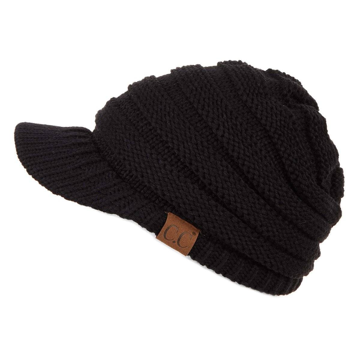 CC Beanie Brim Cap featuring a stylish brim and cable knit design, perfect for winter wear.