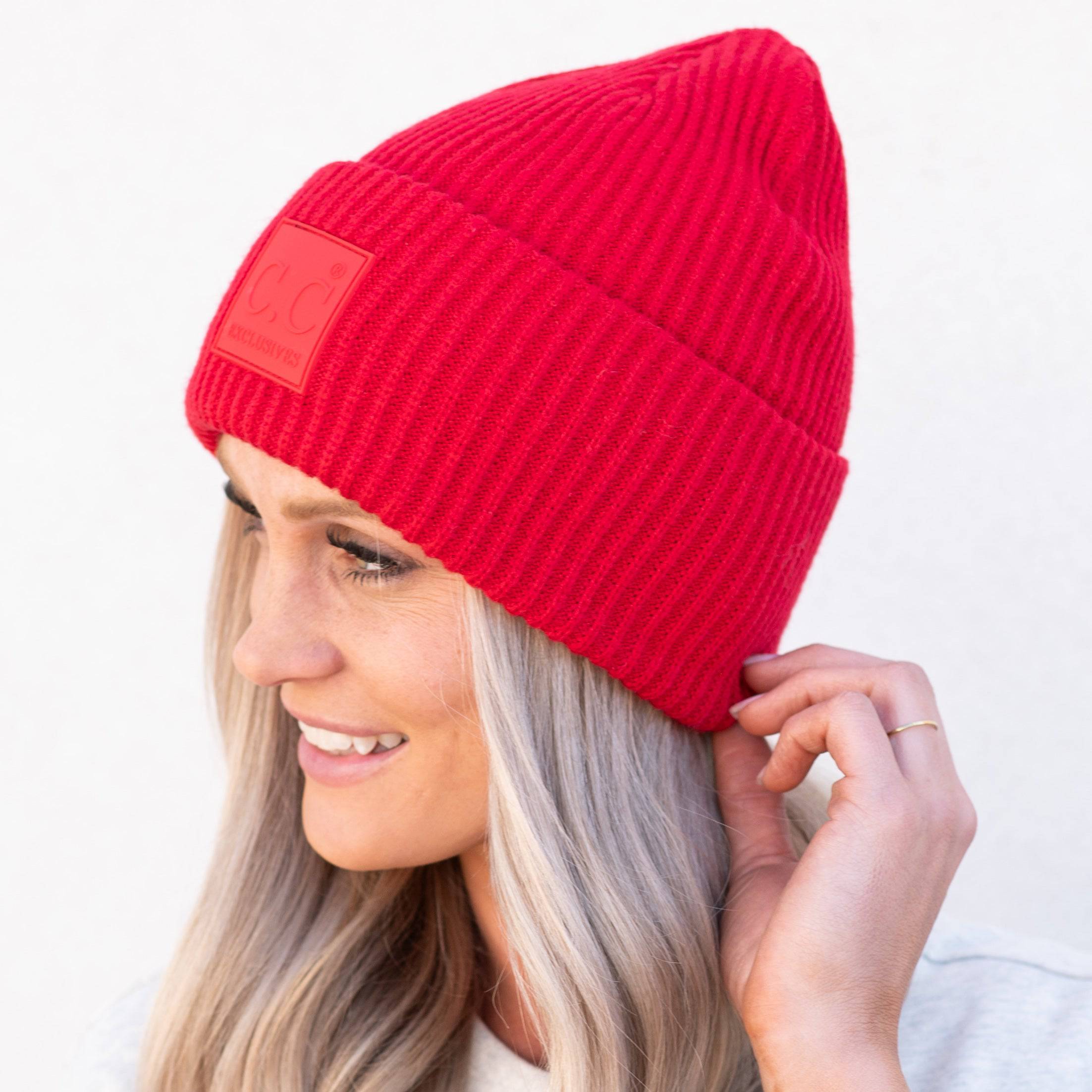 CC Beanie Cap featuring a solid ribbed knit design and a CC® Rubber Patch, perfect for teens and adults.