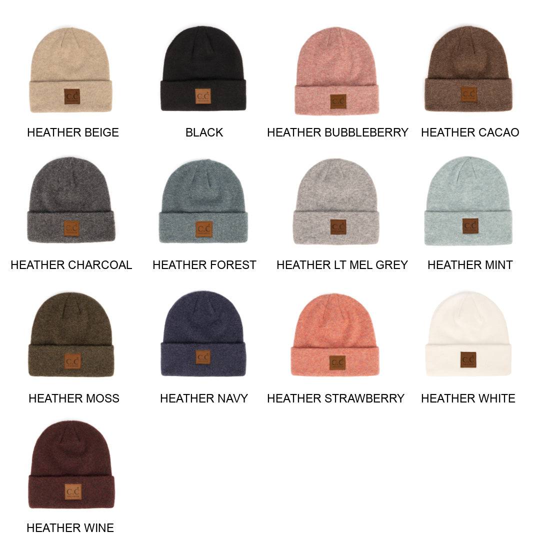 CC Beanie Heather Knit Basic in various colors, showcasing its unisex design and adjustable band.