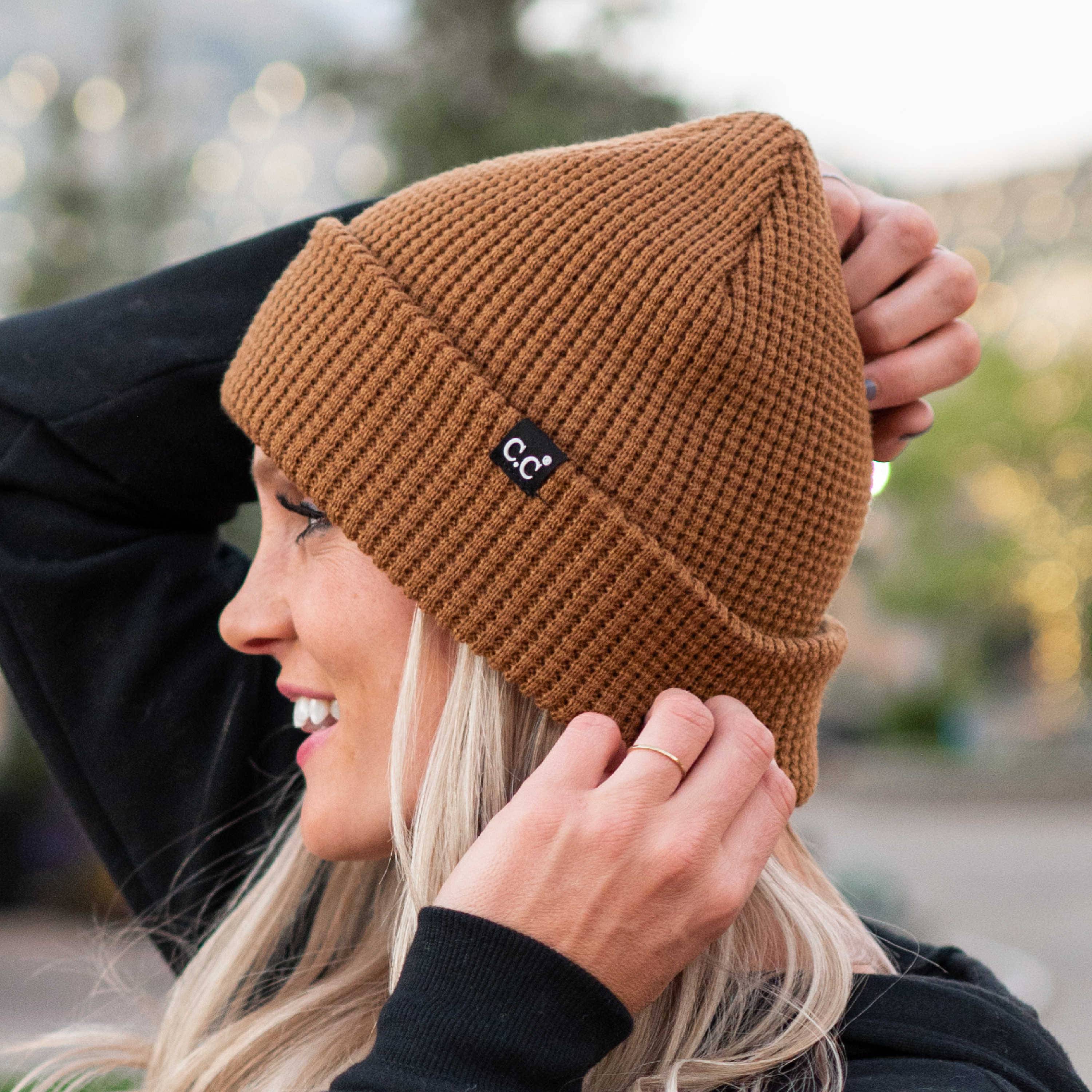 CC Beanie Waffle Knit in a stylish waffle knit pattern, showcasing its soft stretchy fabric and folded band design.