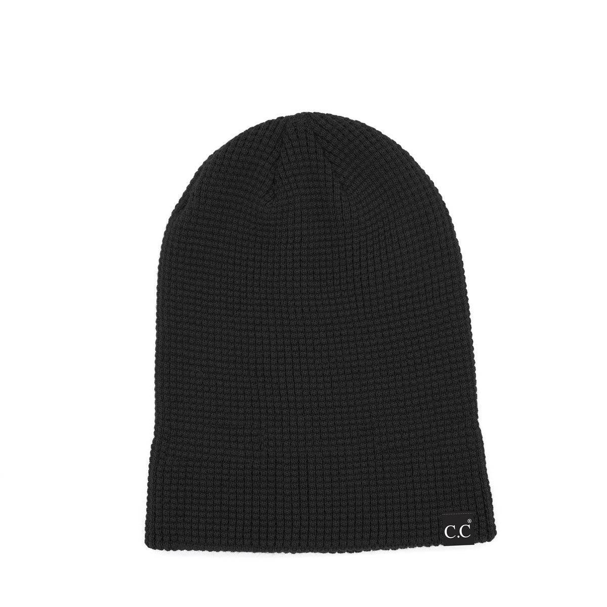 CC Beanie Waffle Knit in a stylish waffle knit pattern, showcasing its soft stretchy fabric and folded band design.