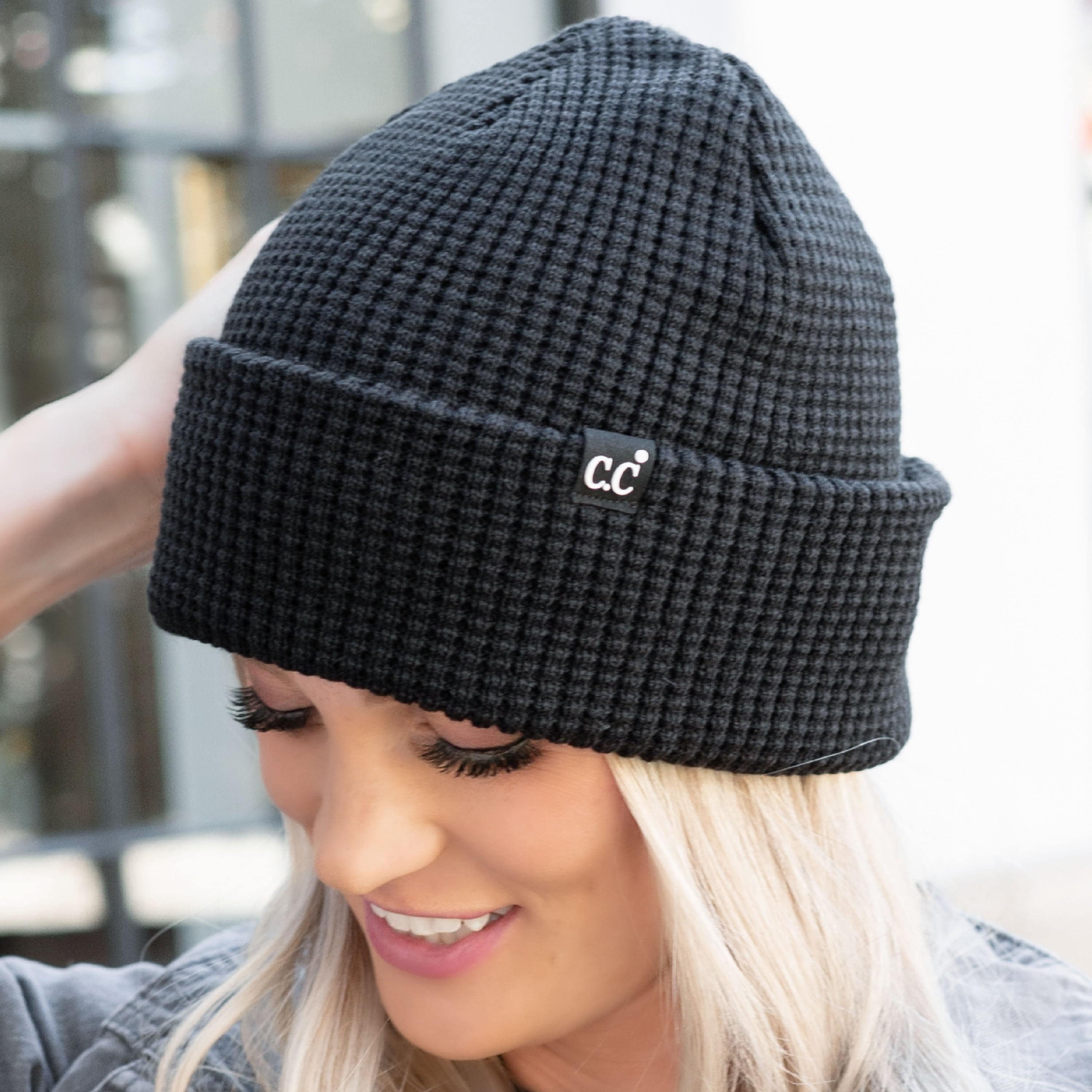 CC Beanie Waffle Knit in a stylish waffle knit pattern, showcasing its soft stretchy fabric and folded band design.