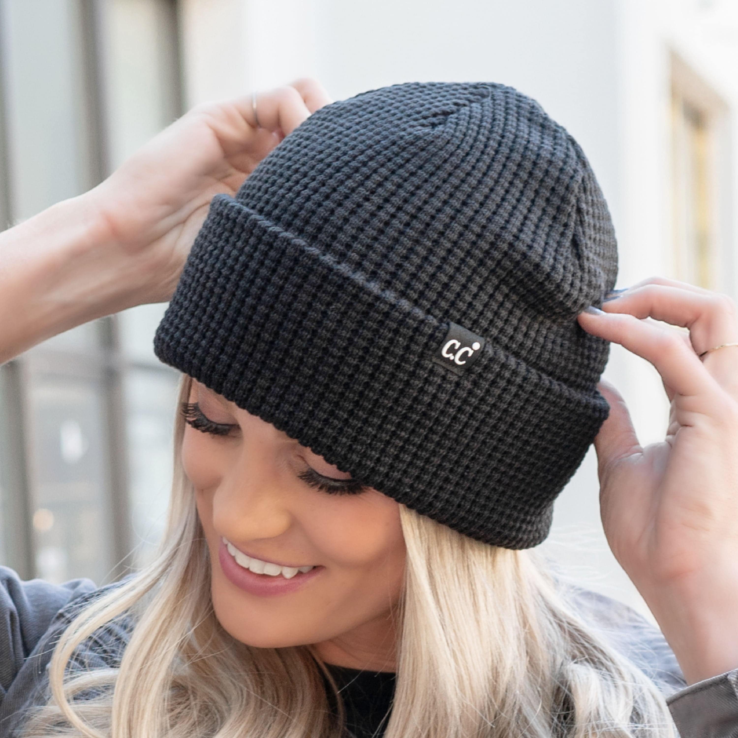 CC Beanie Waffle Knit in a stylish waffle knit pattern, showcasing its soft stretchy fabric and folded band design.