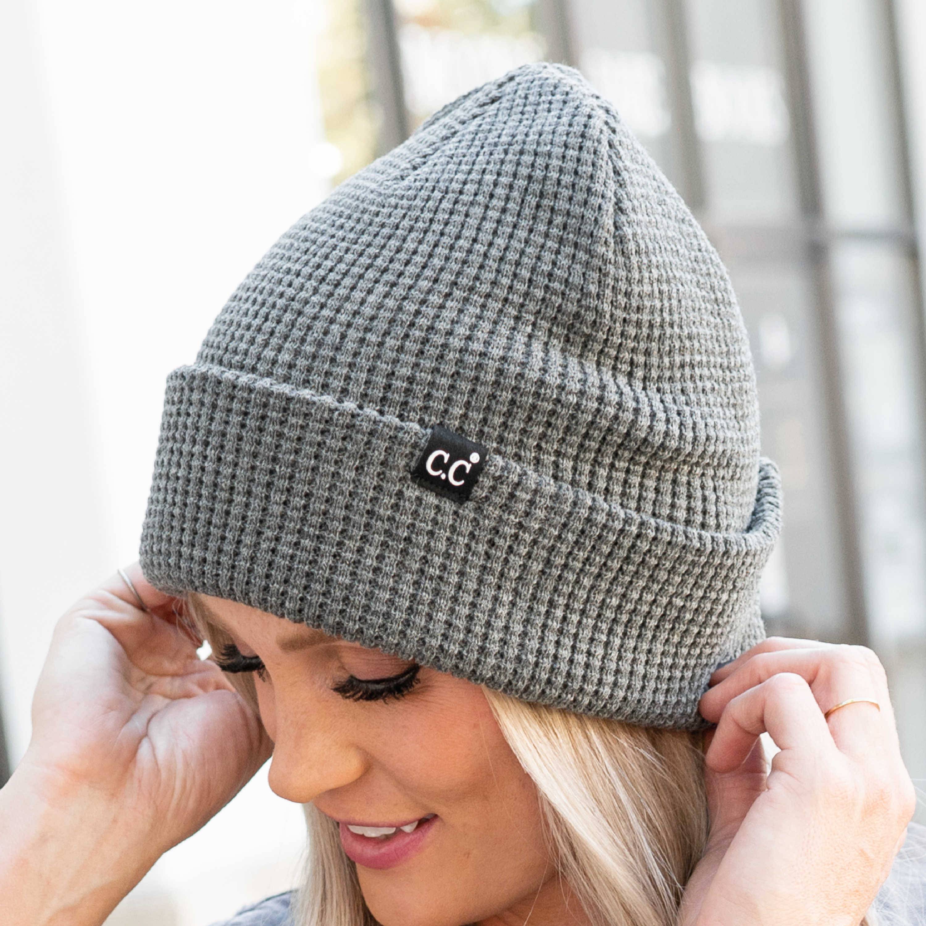 CC Beanie Waffle Knit in a stylish waffle knit pattern, showcasing its soft stretchy fabric and folded band design.