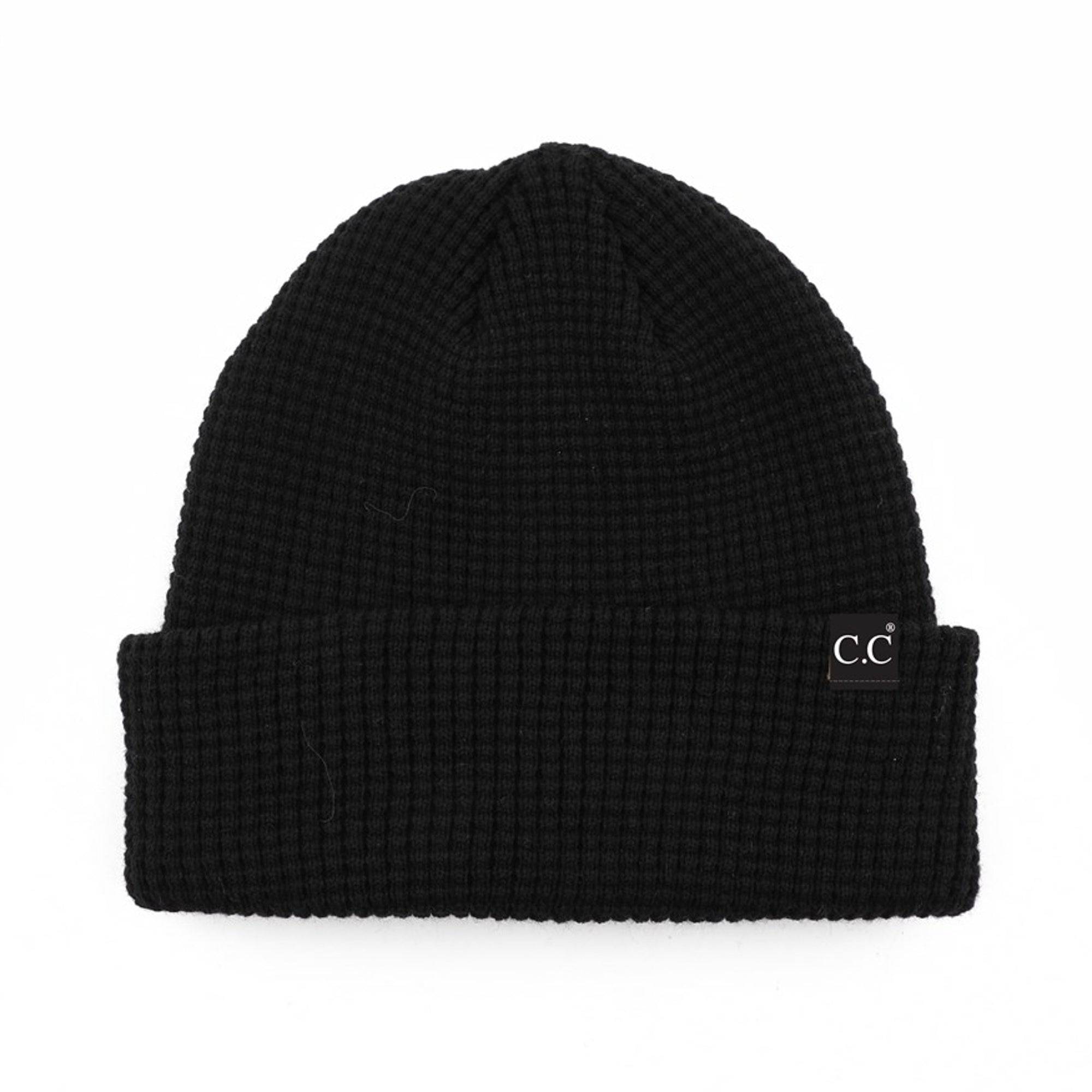 CC Beanie Waffle Knit in a stylish waffle knit pattern, showcasing its soft stretchy fabric and folded band design.