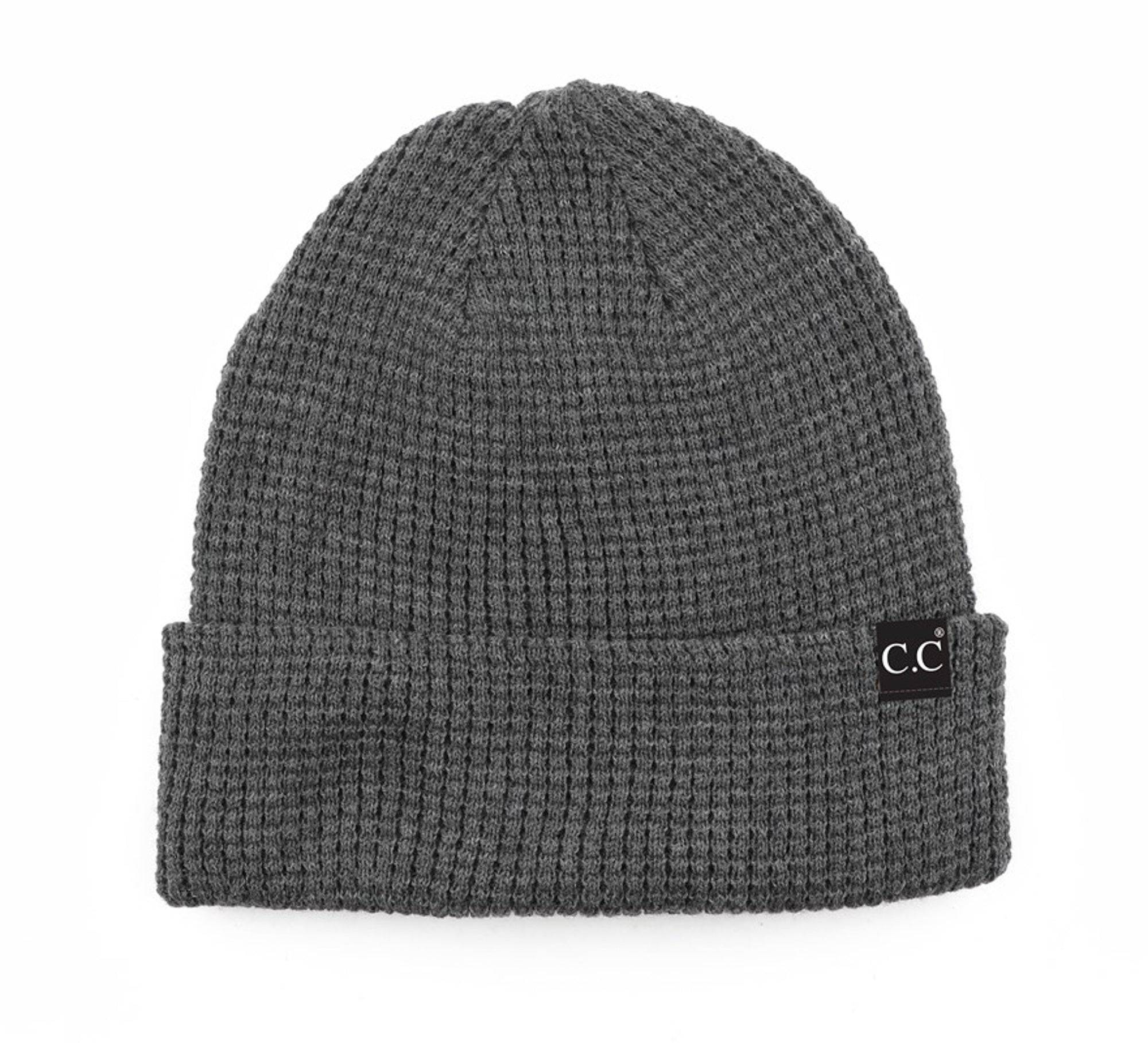 CC Beanie Waffle Knit in a stylish waffle knit pattern, showcasing its soft stretchy fabric and folded band design.