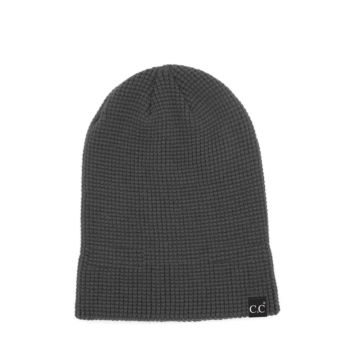 CC Beanie Waffle Knit in a stylish waffle knit pattern, showcasing its soft stretchy fabric and folded band design.