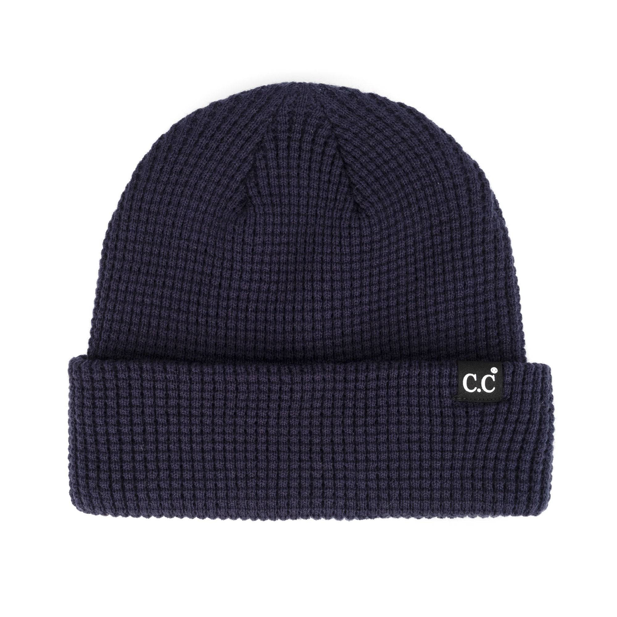 CC Beanie Waffle Knit in a stylish waffle knit pattern, showcasing its soft stretchy fabric and folded band design.