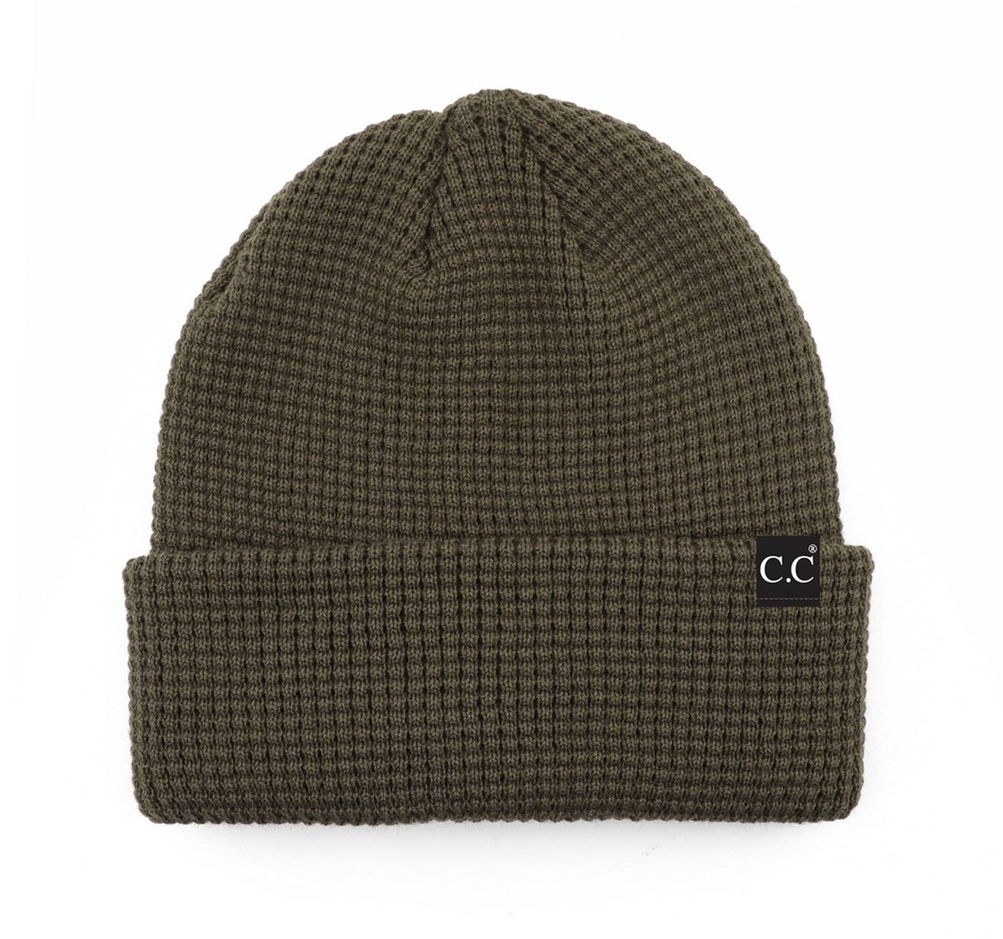 CC Beanie Waffle Knit in a stylish waffle knit pattern, showcasing its soft stretchy fabric and folded band design.