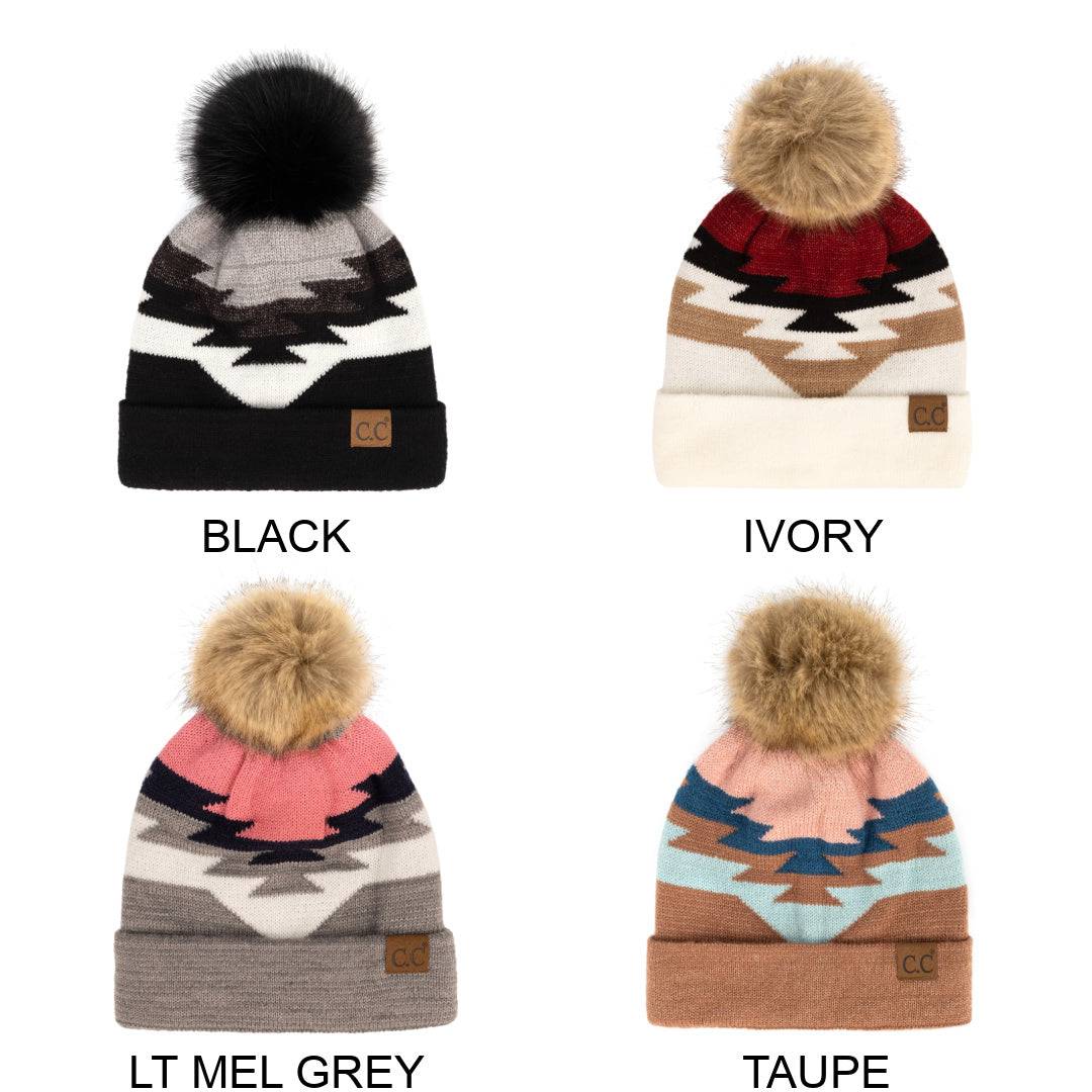 CC Beanie with Pom featuring a South Western Aztec pattern, showcasing its soft faux fur pom pom and vibrant design.