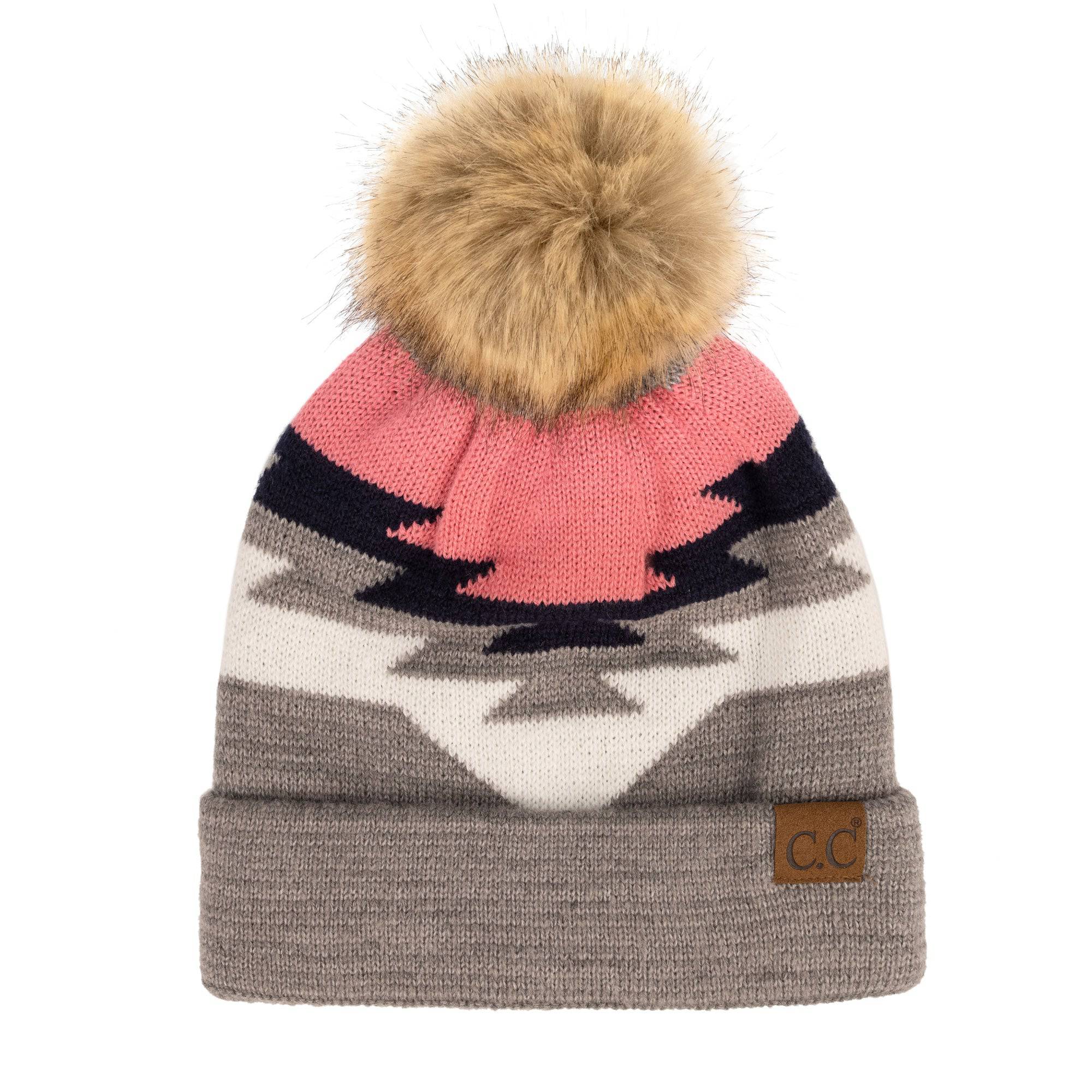 CC Beanie with Pom featuring a South Western Aztec pattern, showcasing its soft faux fur pom pom and vibrant design.