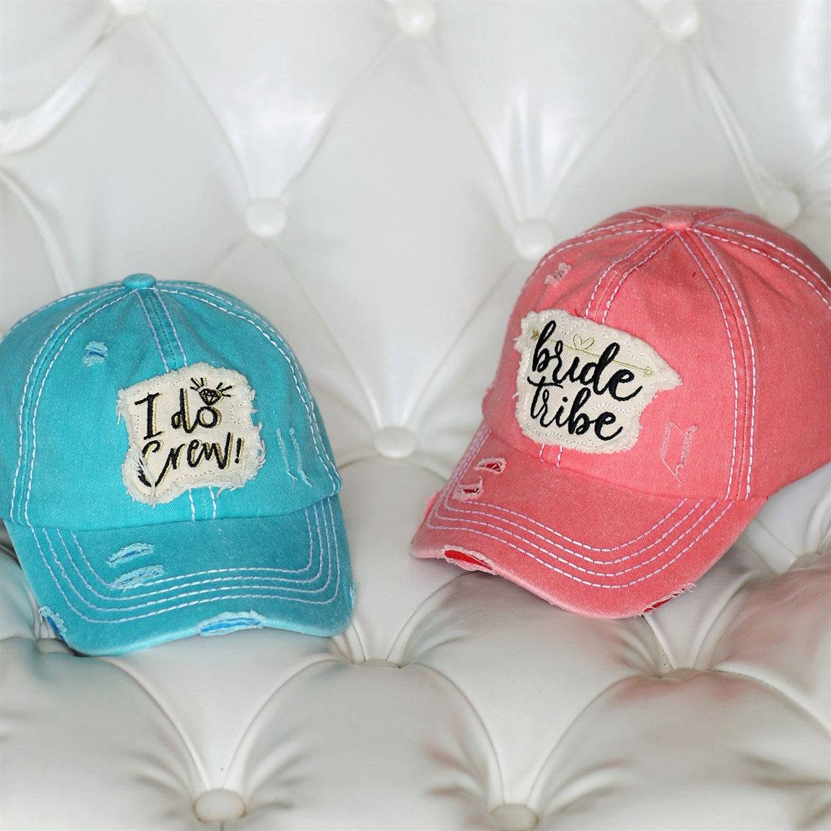 CC Bride Tribe Cap featuring bold Bride and Tribe print, adjustable Velcro closure, and ponytail access, perfect for bachelorette parties.