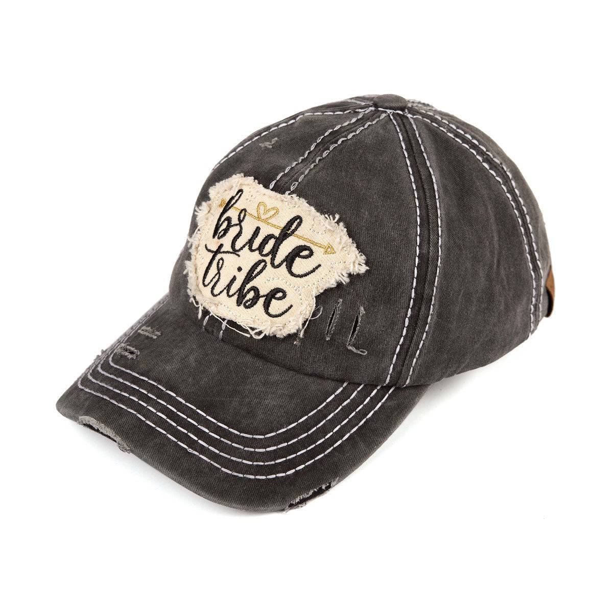 CC Bride Tribe Cap featuring bold Bride and Tribe print, adjustable Velcro closure, and ponytail access, perfect for bachelorette parties.