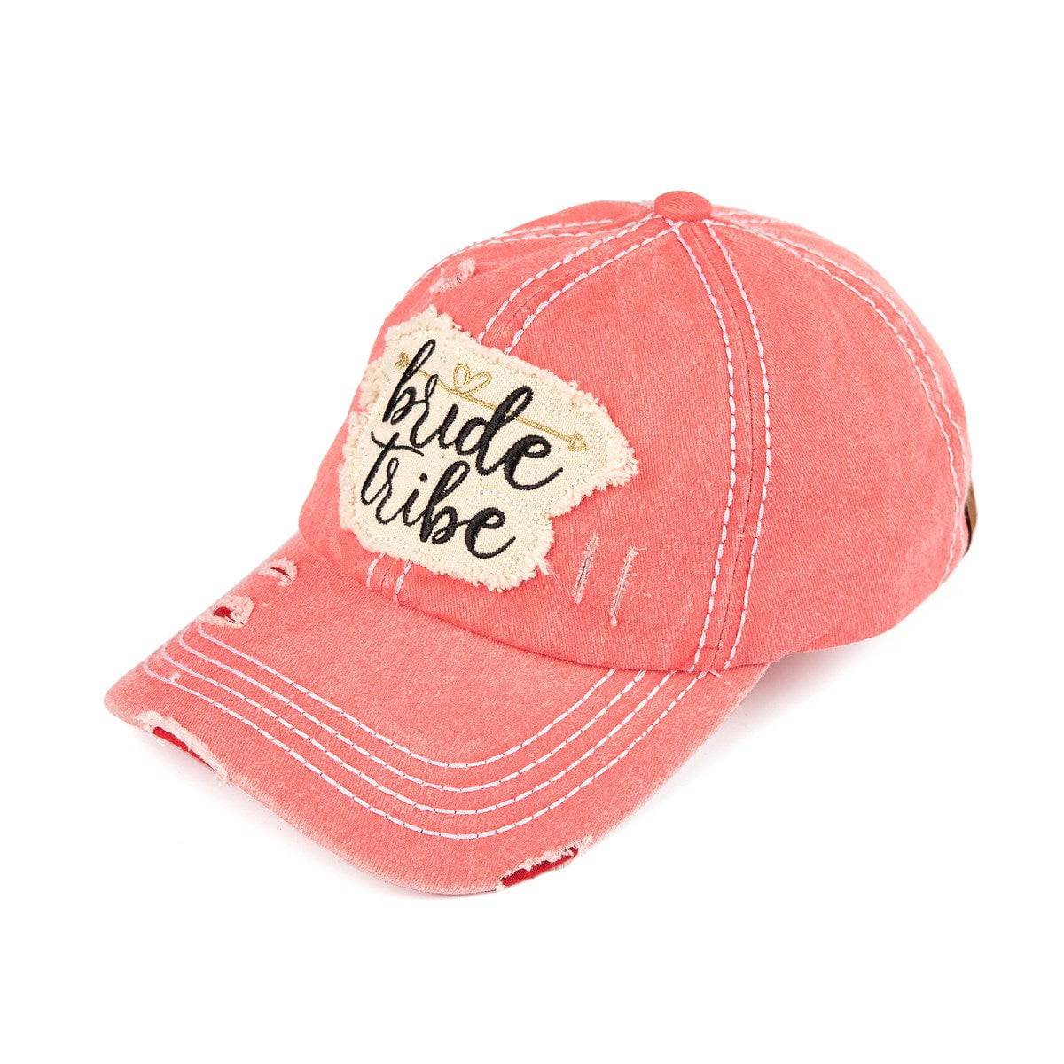 CC Bride Tribe Cap featuring bold Bride and Tribe print, adjustable Velcro closure, and ponytail access, perfect for bachelorette parties.