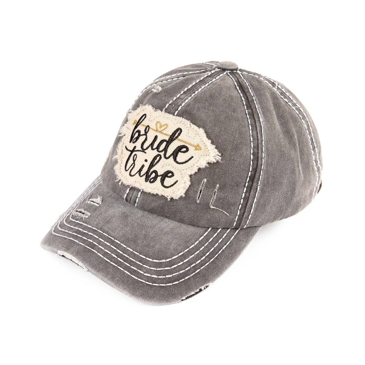 CC Bride Tribe Cap featuring bold Bride and Tribe print, adjustable Velcro closure, and ponytail access, perfect for bachelorette parties.