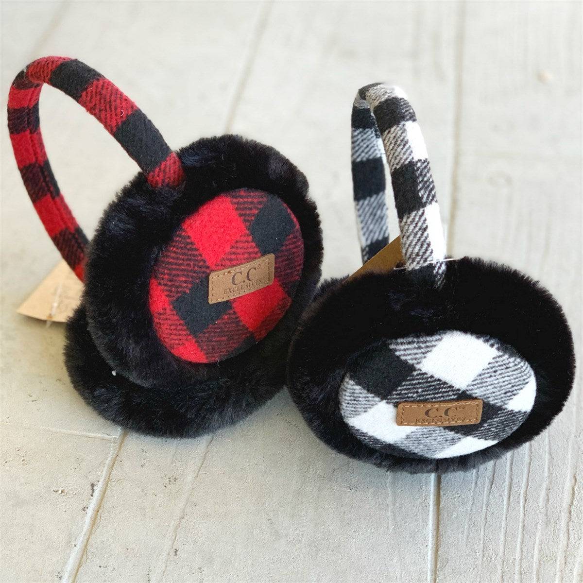 CC Buffalo Plaid Earmuffs with cozy sherpa lining, featuring adjustable fit and stylish buffalo plaid pattern.