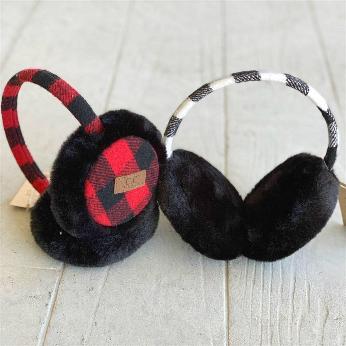 CC Buffalo Plaid Earmuffs with cozy sherpa lining, featuring adjustable fit and stylish buffalo plaid pattern.